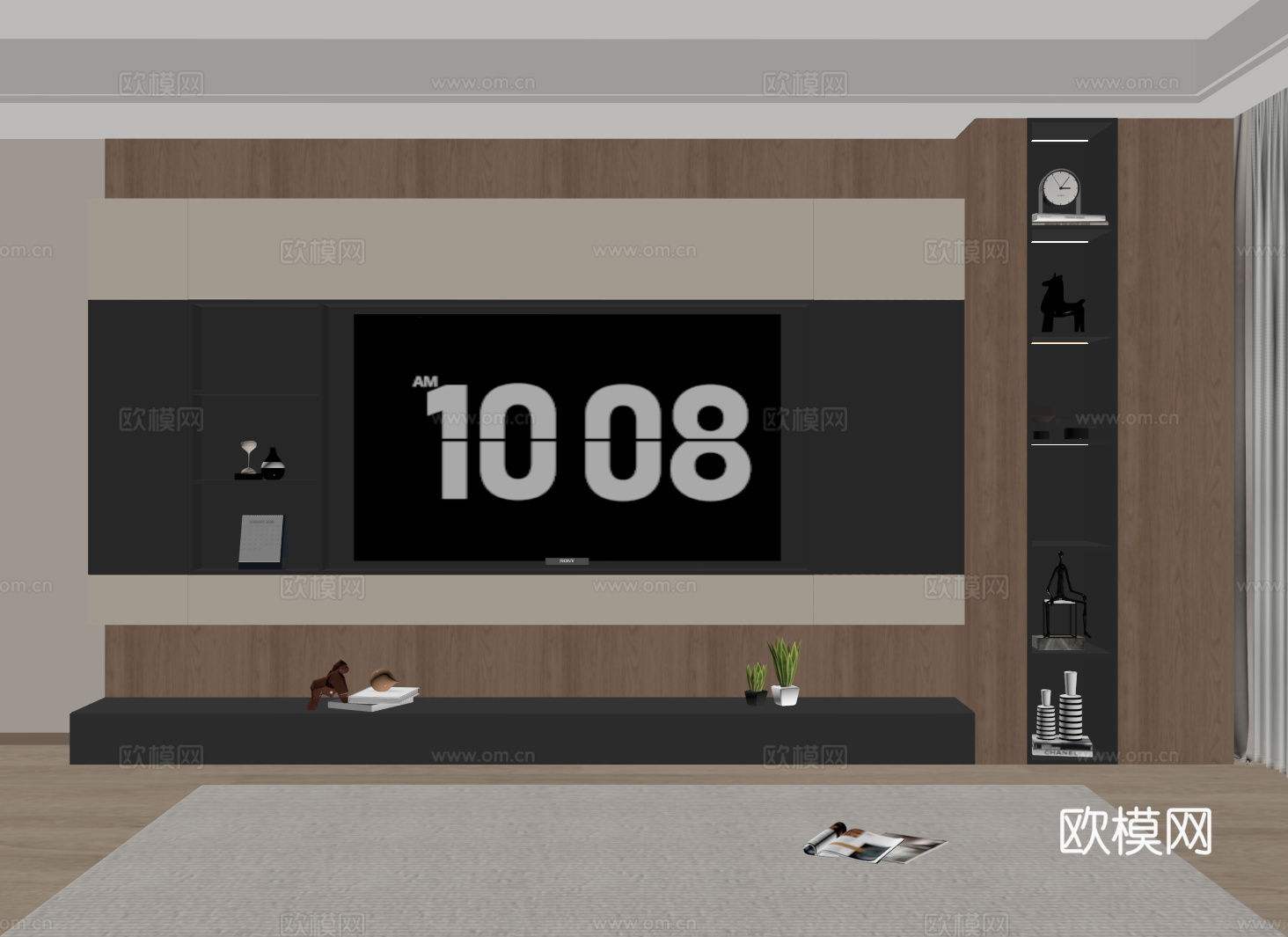 意式电视背景墙 电视背景柜 定制满墙电视柜 电视柜收纳储物柜su模型