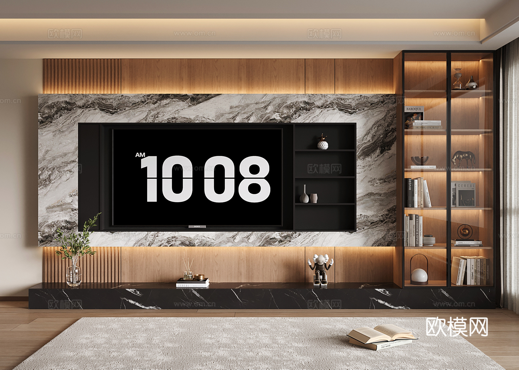 意式电视背景墙 现代大理石背景墙 大理石电视柜 储物收纳电视su模型