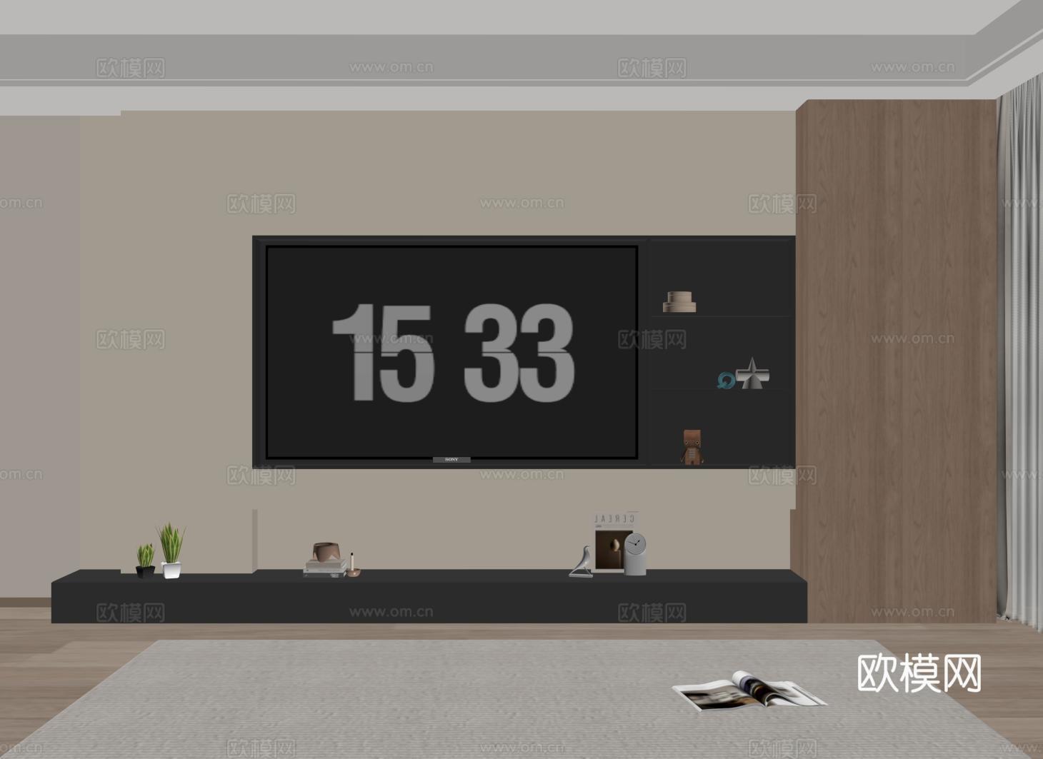 现代电视背景墙 电视背景柜 大理石电视柜 开放格电视背景su模型