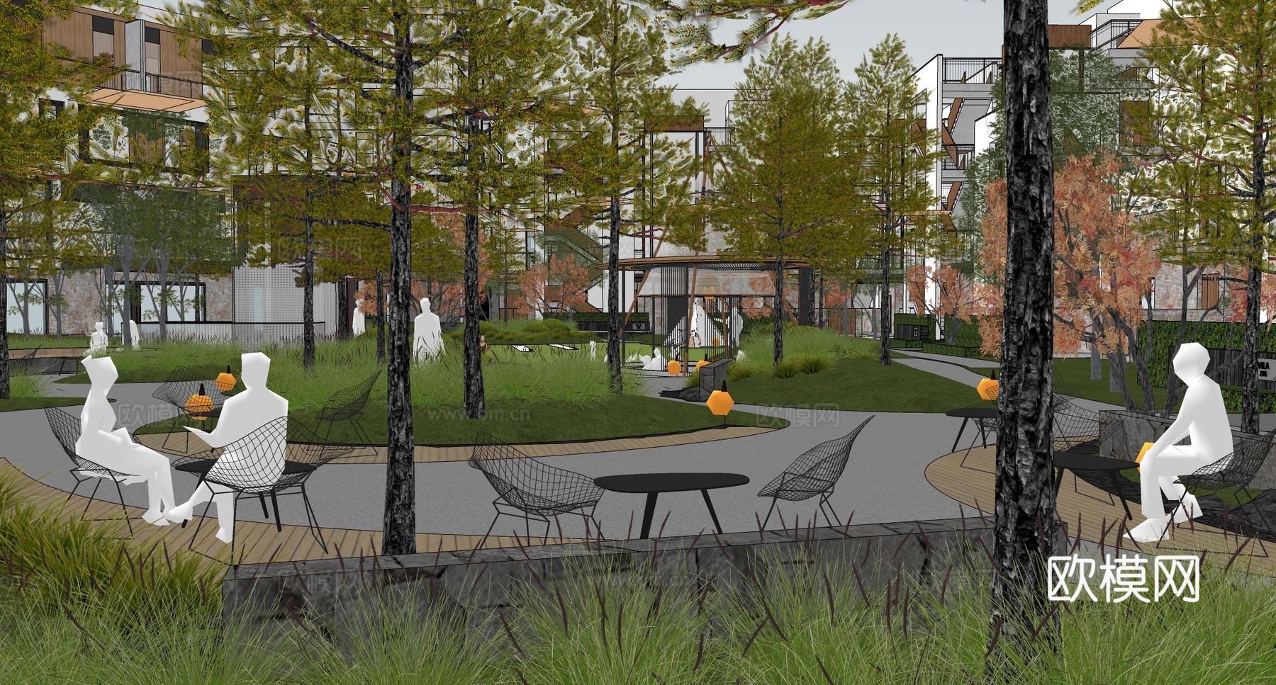 现代小区景观 康养林下 中庭廊架 林下景观su模型