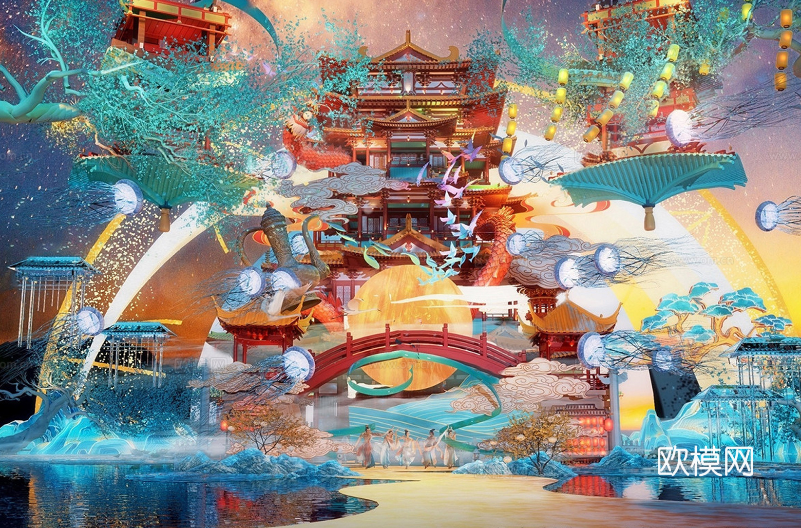 新中式中式舞台 国潮 古风 网红 敦煌 表演su模型