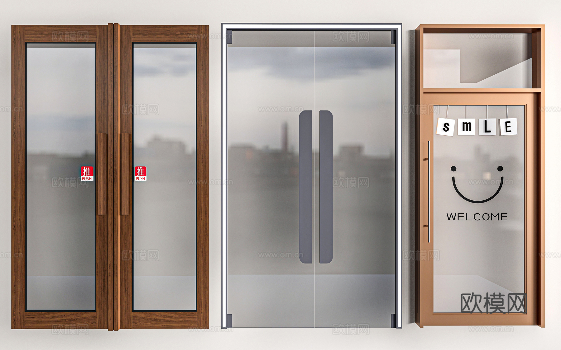 现代商铺玻璃门 玻璃双开门 商业街玻璃门 奶茶店玻璃门 咖啡su模型