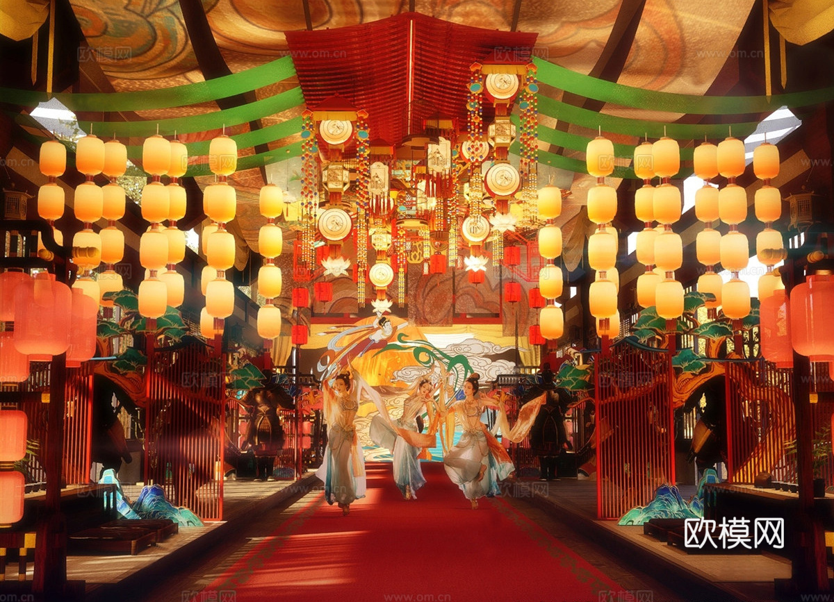 新中式国潮古风茶餐厅 商业美陈 古风集市su模型