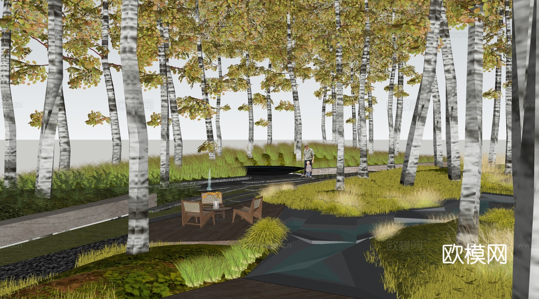 现代白桦林景观公园 林下景观su模型