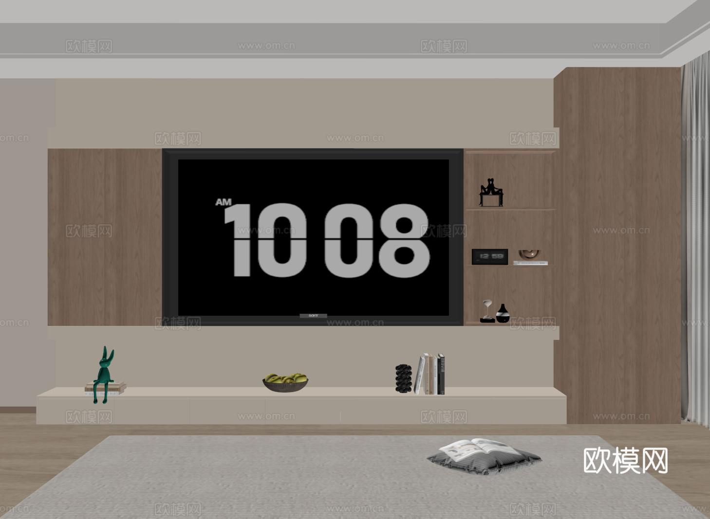 现代电视背景柜 中古电视背景墙 收纳储物电视柜一体 开放格su模型su模型