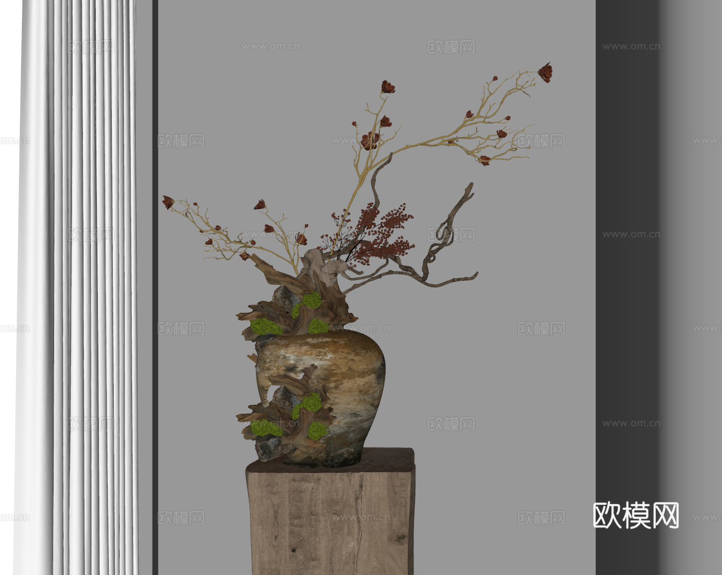 新中式花瓶 中古花艺盆景 陶罐花瓶 干枝花艺 枯木绿洲 装饰su模型