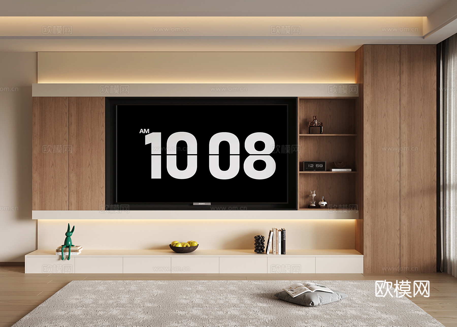 现代电视背景柜 中古电视背景墙 收纳储物电视柜一体 开放格su模型su模型