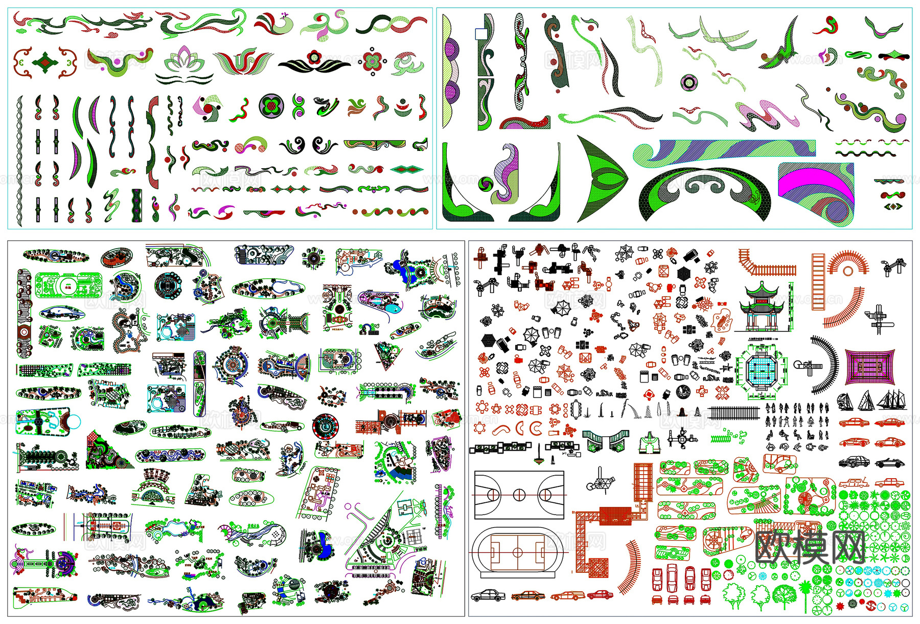 造景假山绿植石头室内小景屋顶休闲桌椅子太阳伞CAD素材图库cad施工图下载（渲染图1）