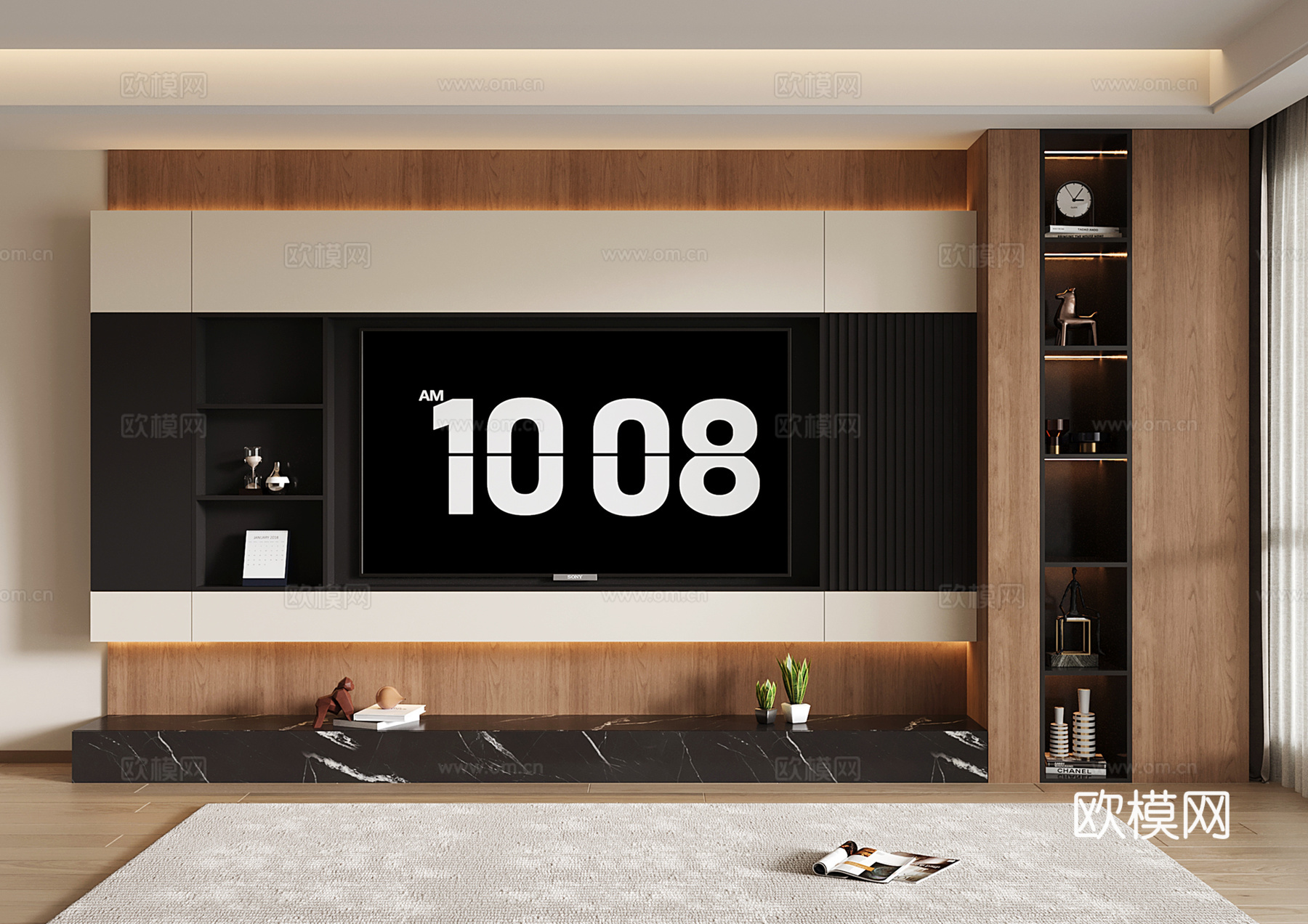 意式电视背景墙 电视背景柜 定制满墙电视柜 电视柜收纳储物柜su模型