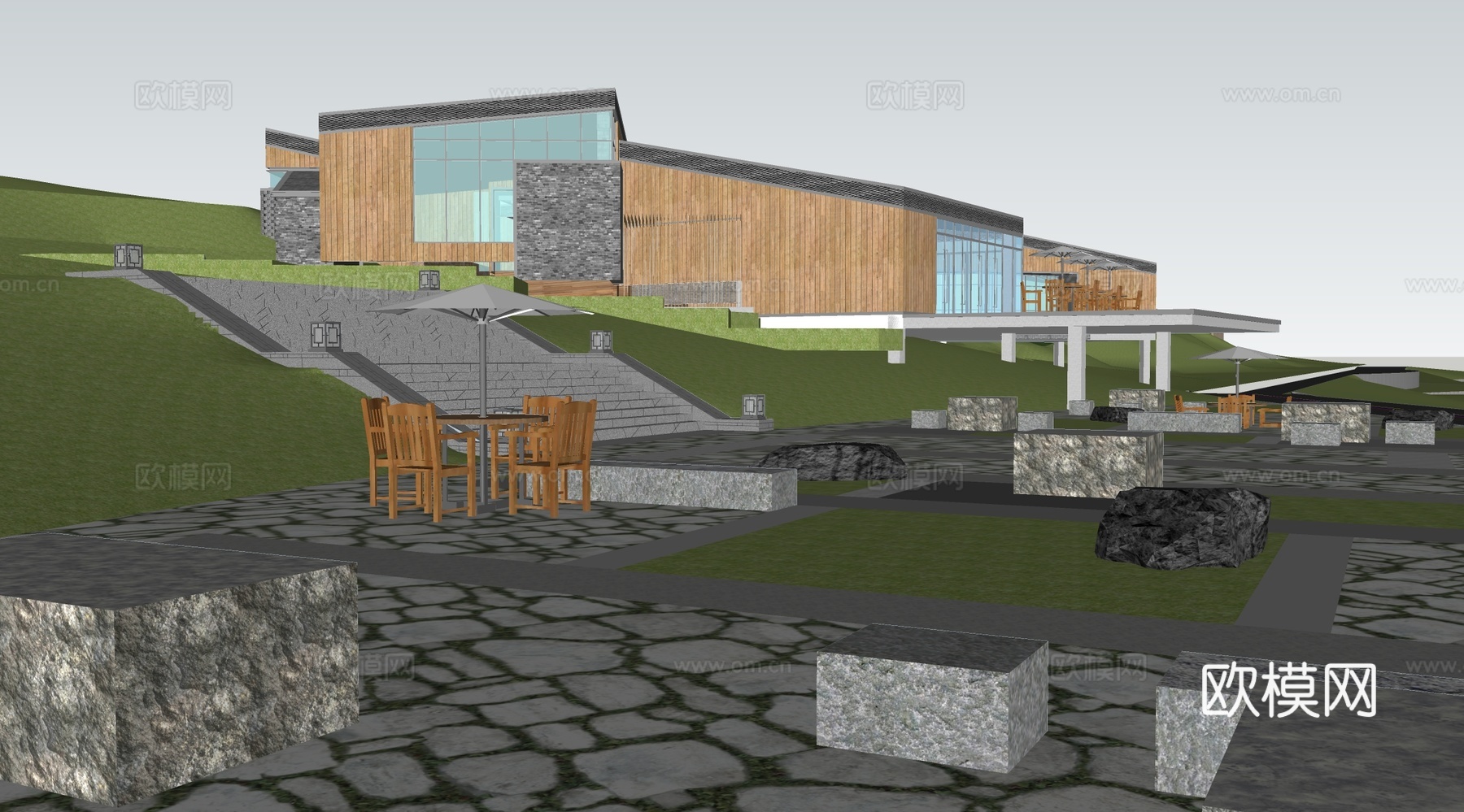 现代林下空间景观 滨水野趣生态公园 野外景观公园su模型