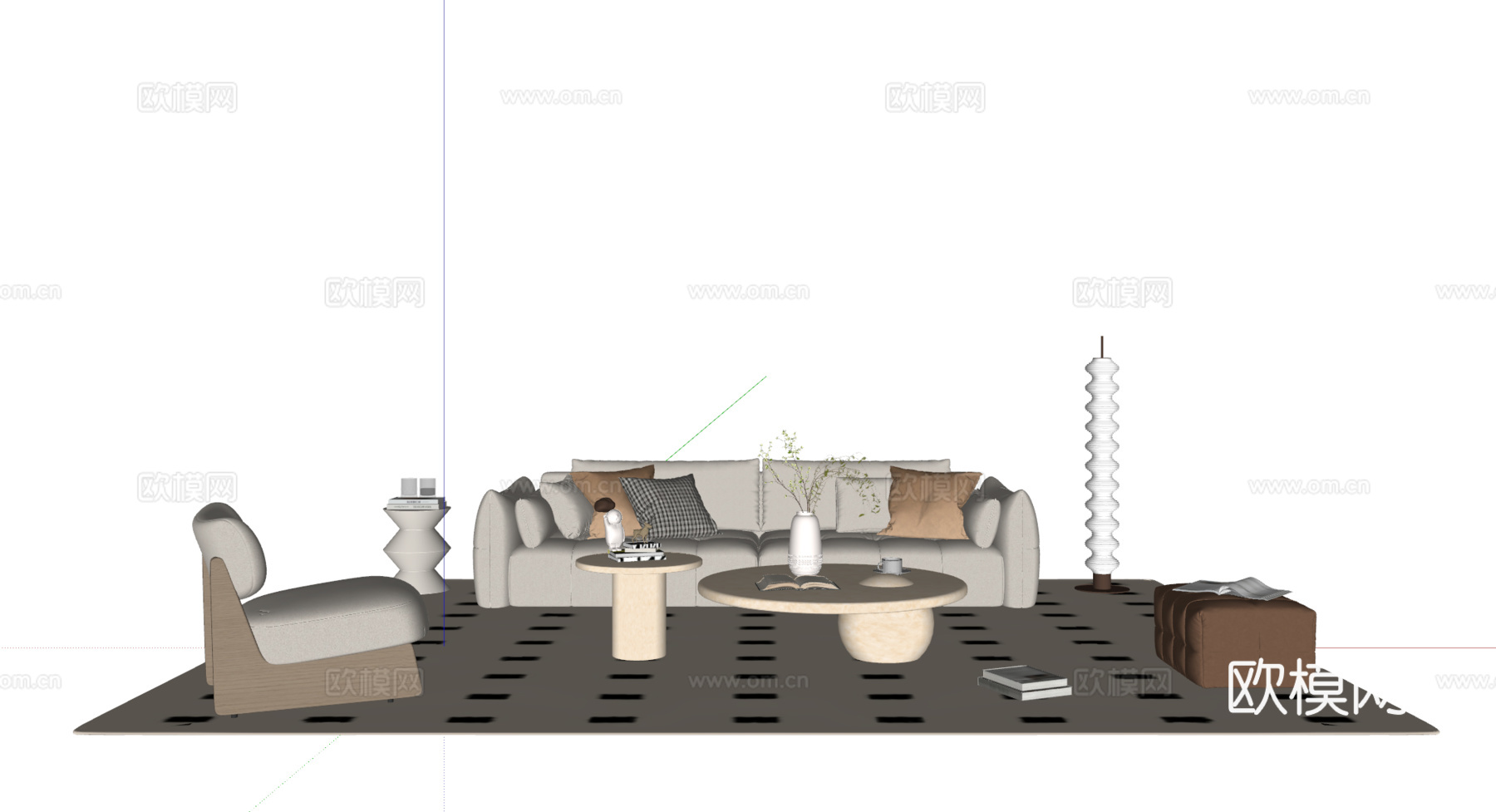 奶油风沙发茶几组合 多人沙发 布艺沙发 休闲椅 地毯su模型