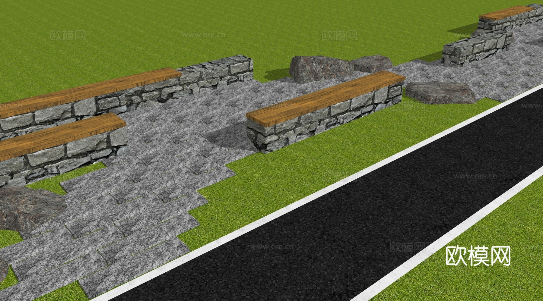 新中式现代乡村公园 自然式 条石铺地su模型