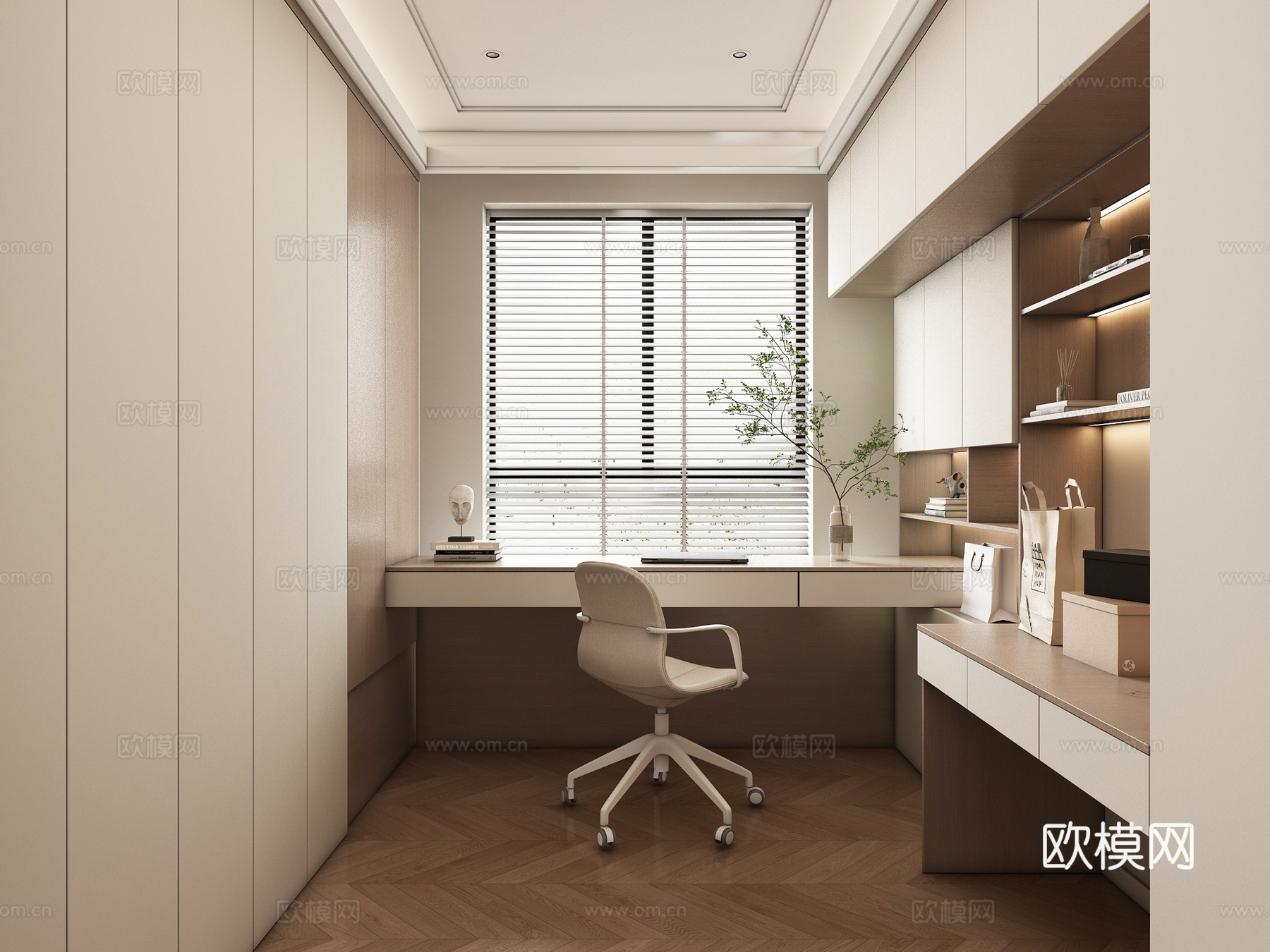 现代书房 书柜 衣柜 摆件组合su模型下载（渲染图1）