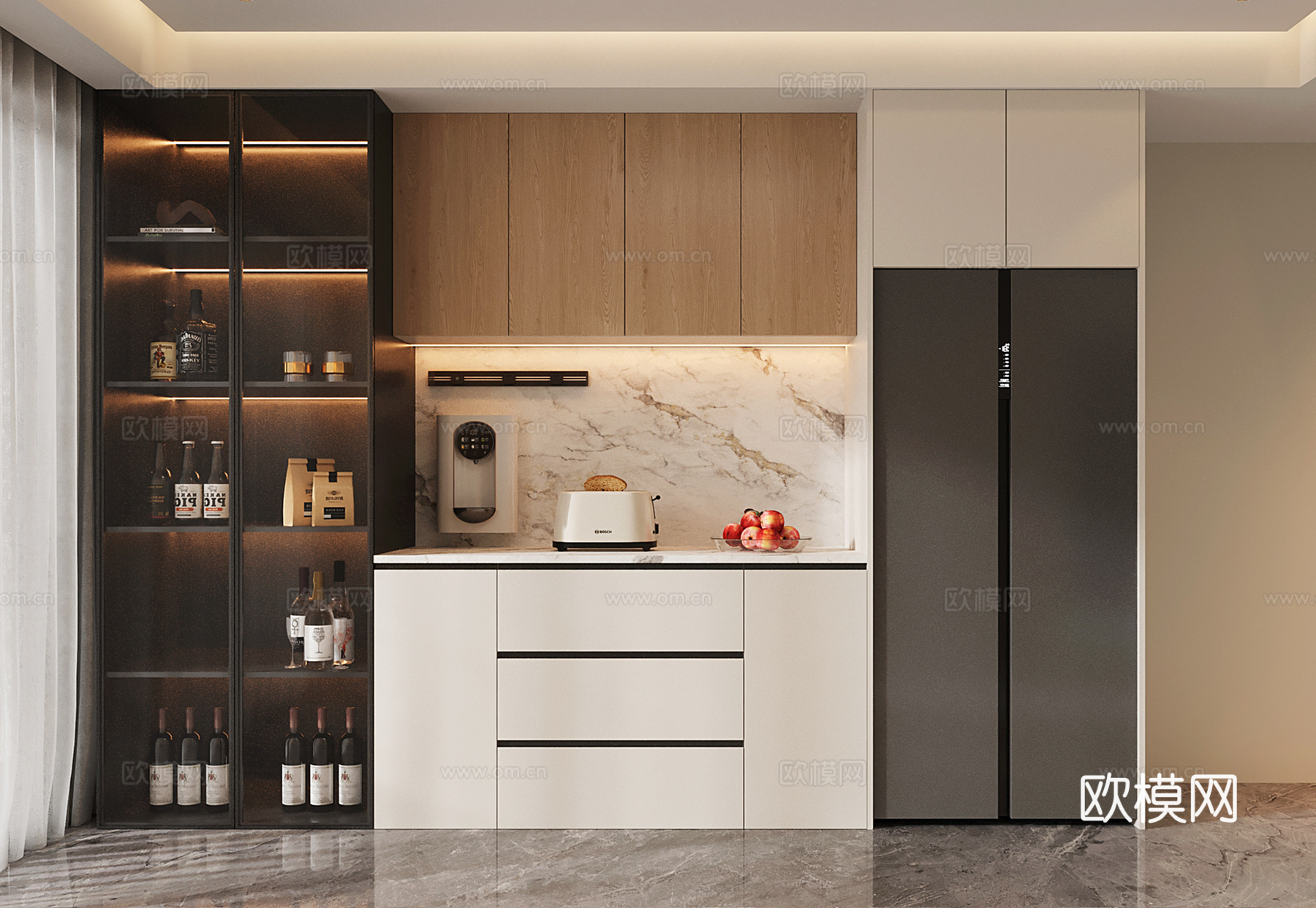 现代酒柜 冰箱酒柜 冰箱柜 玻璃门酒柜su模型