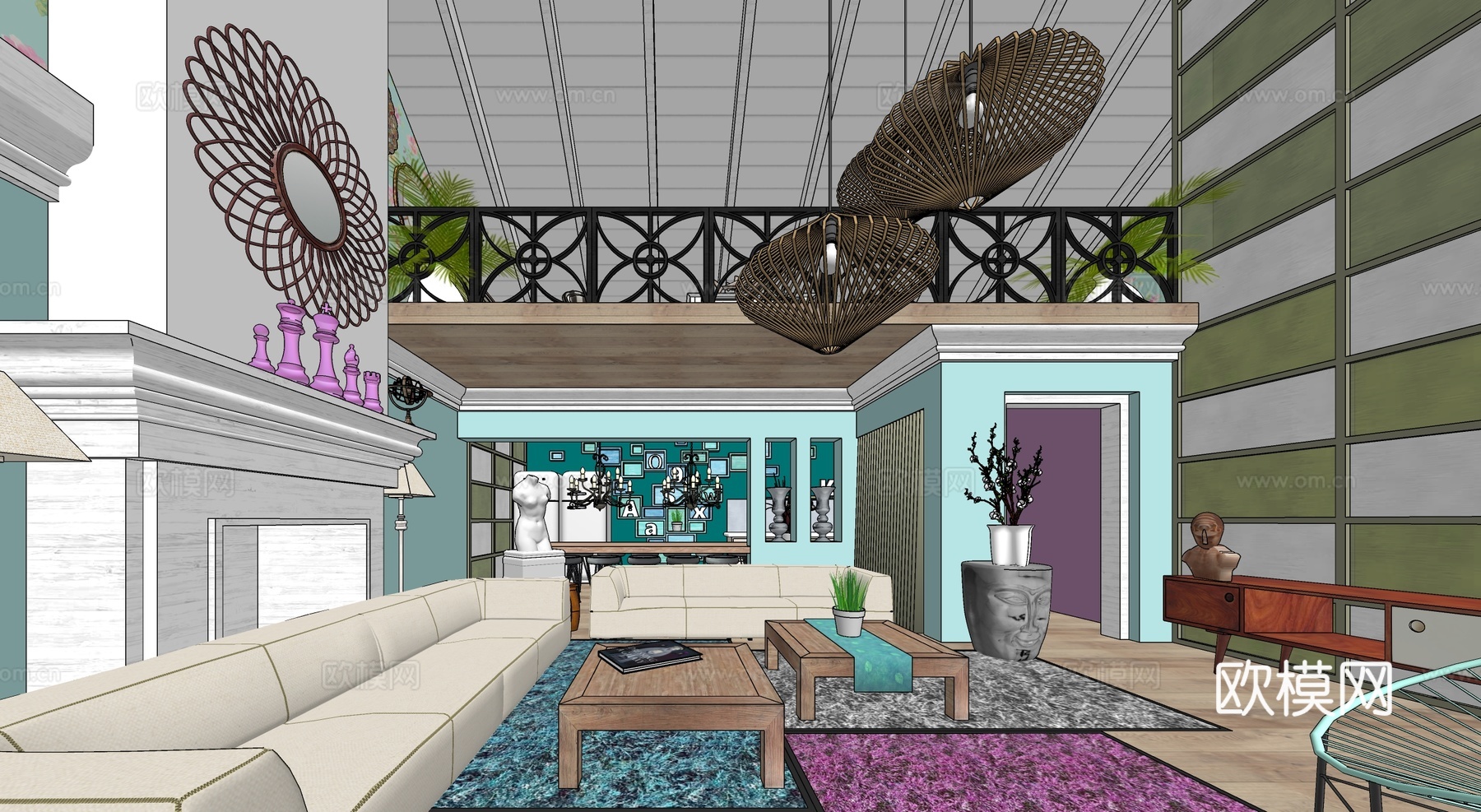 复古美式田园坡屋顶艺术会客厅su模型