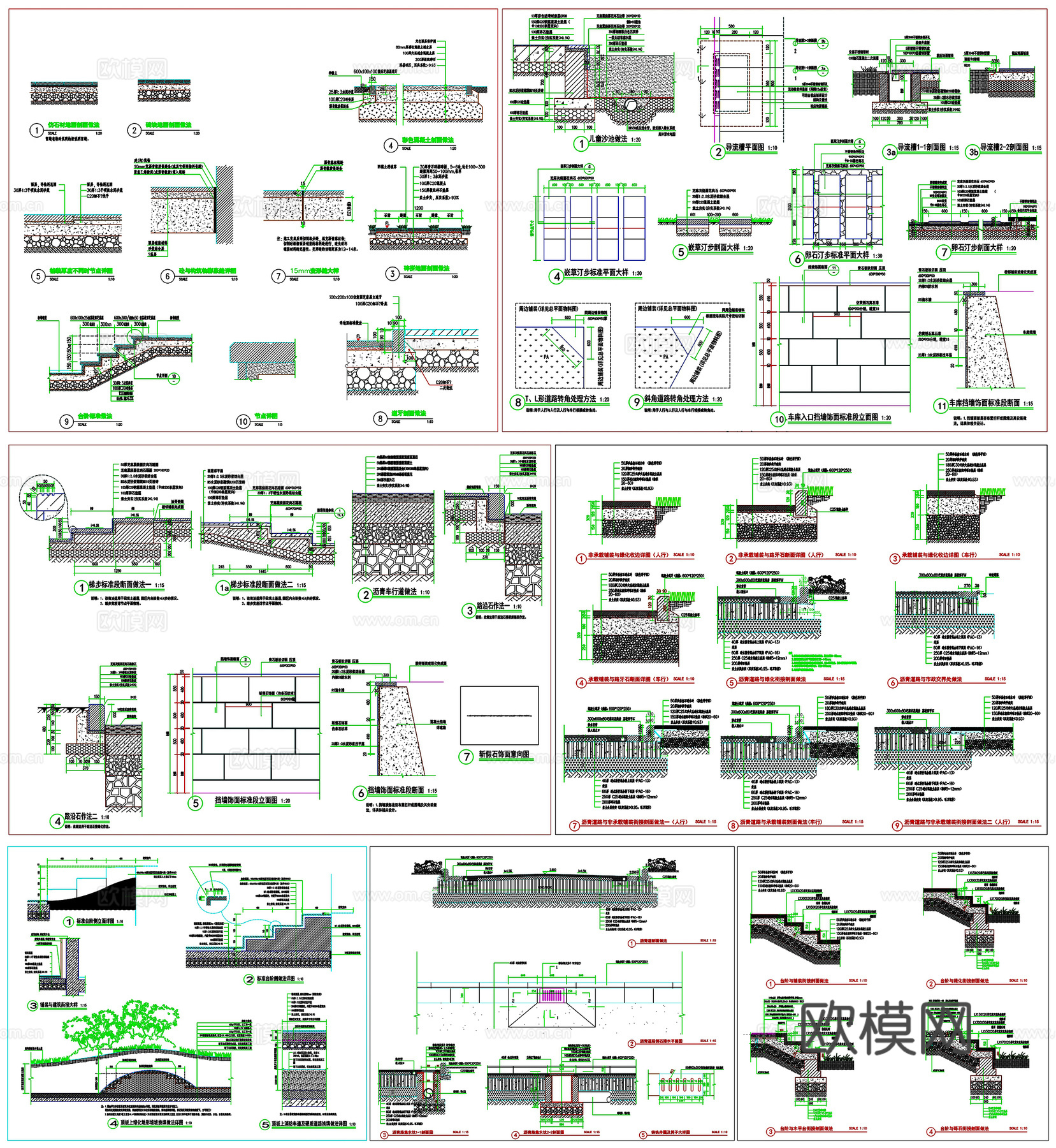 景观园路铺装车行道人行道透水路面挡土墙地面详图节点CAD素材cad施工图下载（渲染图4）