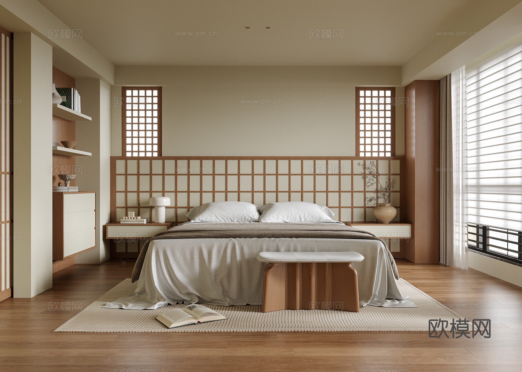 现代卧室 双人床 床头柜su模型