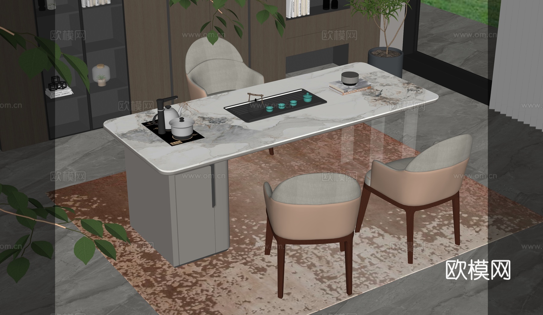现代茶室   茶桌椅  饰品  地毯  茶具  岩板su模型下载（渲染图2）