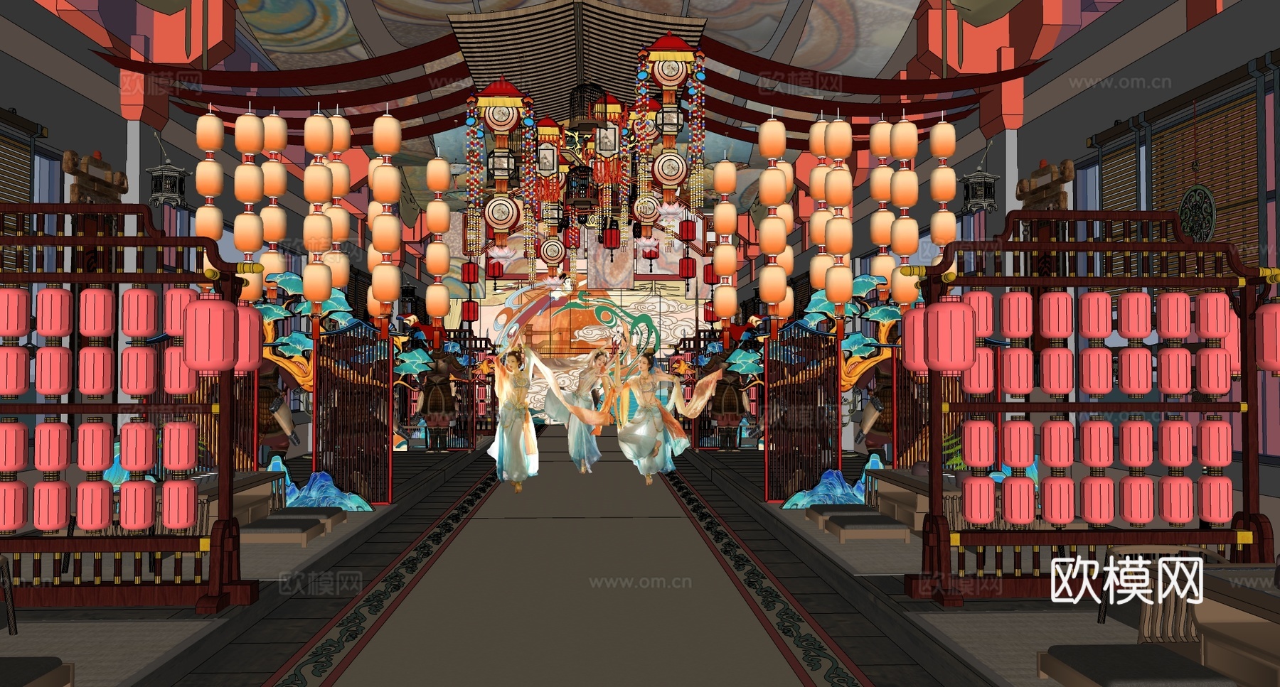 新中式国潮古风茶餐厅 商业美陈 古风集市su模型