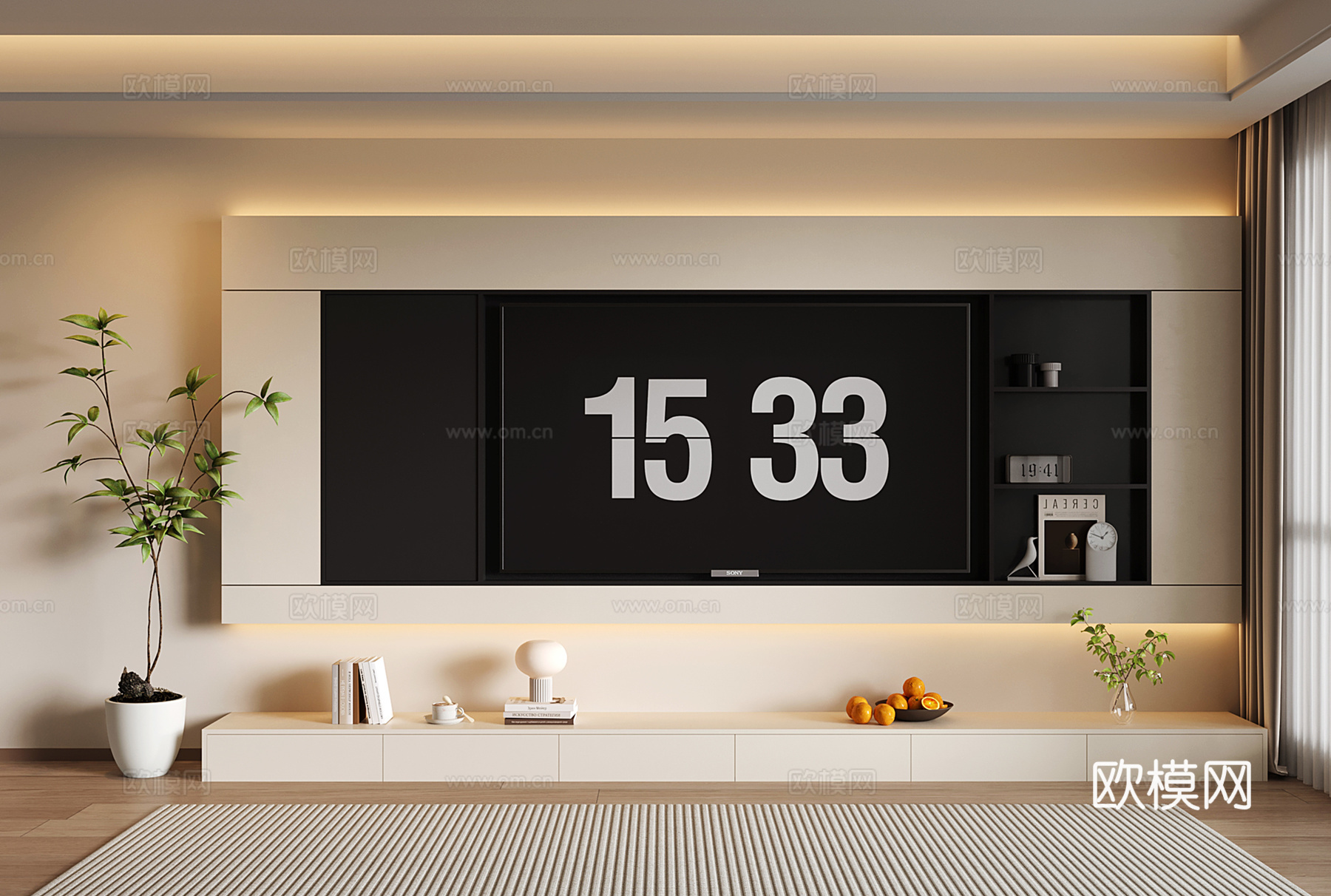 奶油风电视背景墙 现代开放格电视背景墙 落地电视柜su模型