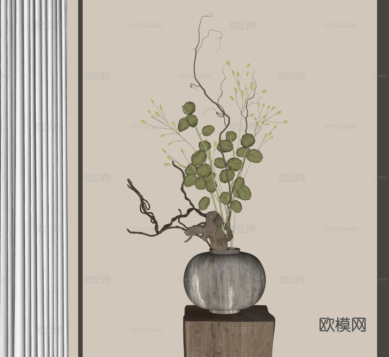 花瓶 中古花艺盆景 陶罐花瓶 干枝花艺 装饰摆件 侘寂花 现su模型su模型