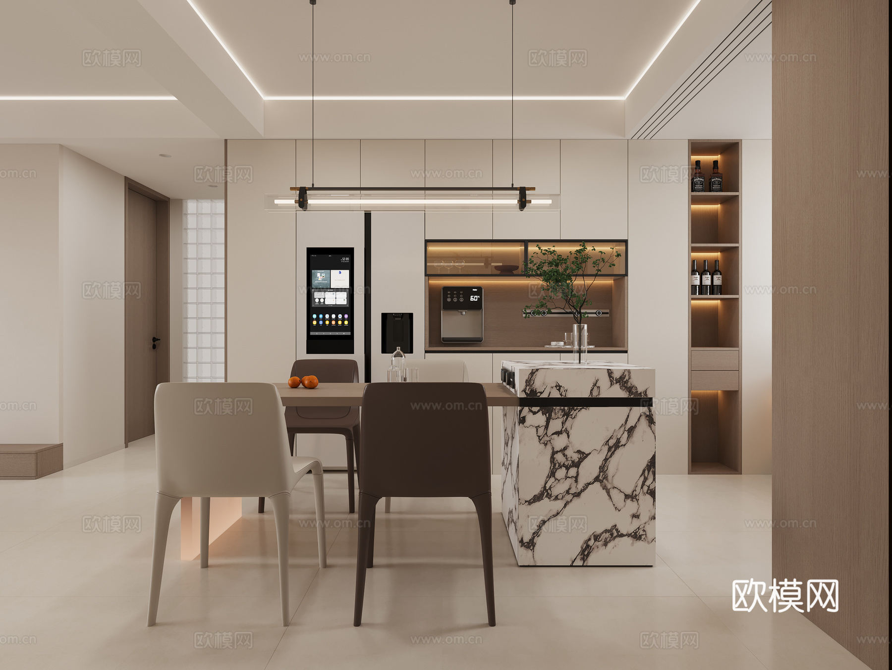 奶油风简约轻奢客餐厅3d模型下载（渲染图2）