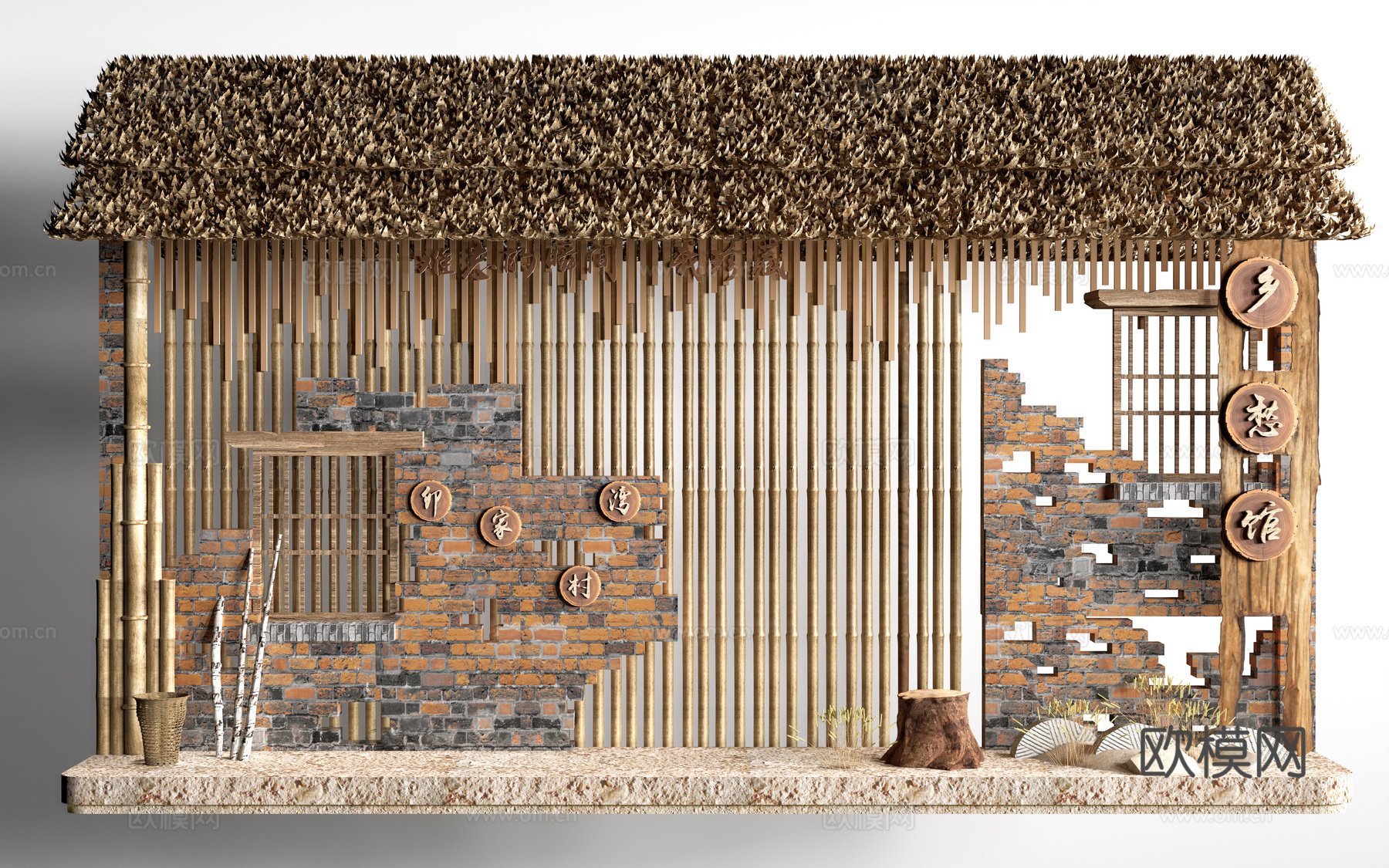 现代乡村景墙 乡村文化墙 民俗文化墙 乡村院墙su模型下载（渲染图1）