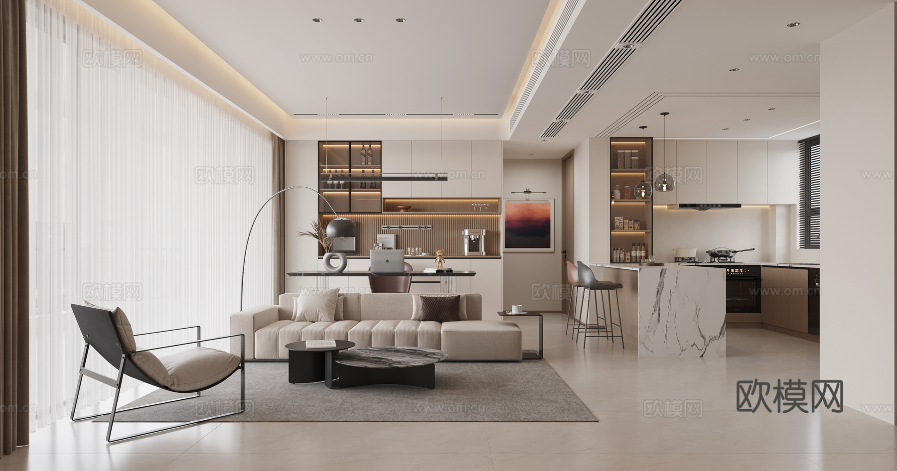 现代法式轻奢客餐厅3d模型下载