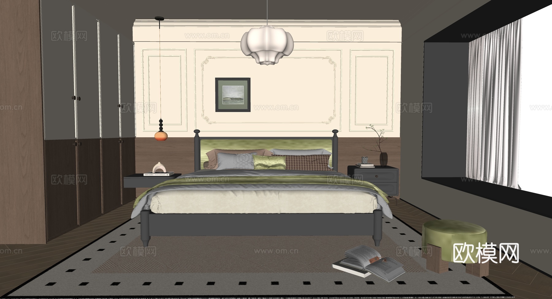 法式卧室su模型下载（渲染图2）