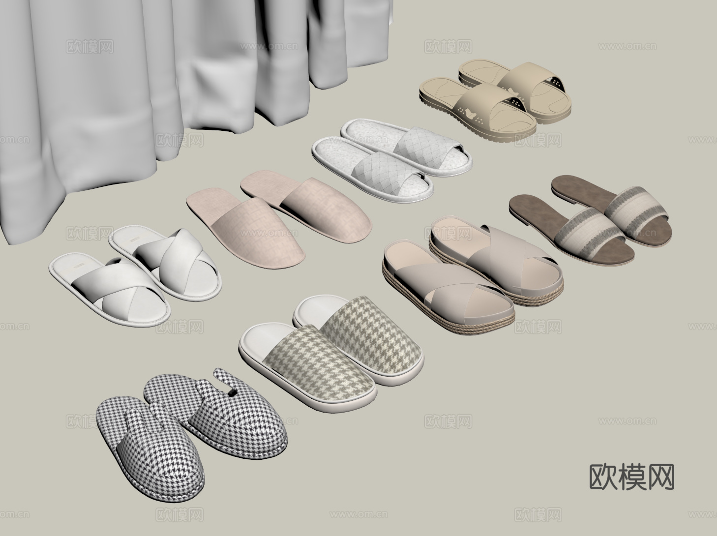 现代鞋子组合 拖鞋 棉麻拖鞋 布艺拖鞋su模型下载（渲染图2）