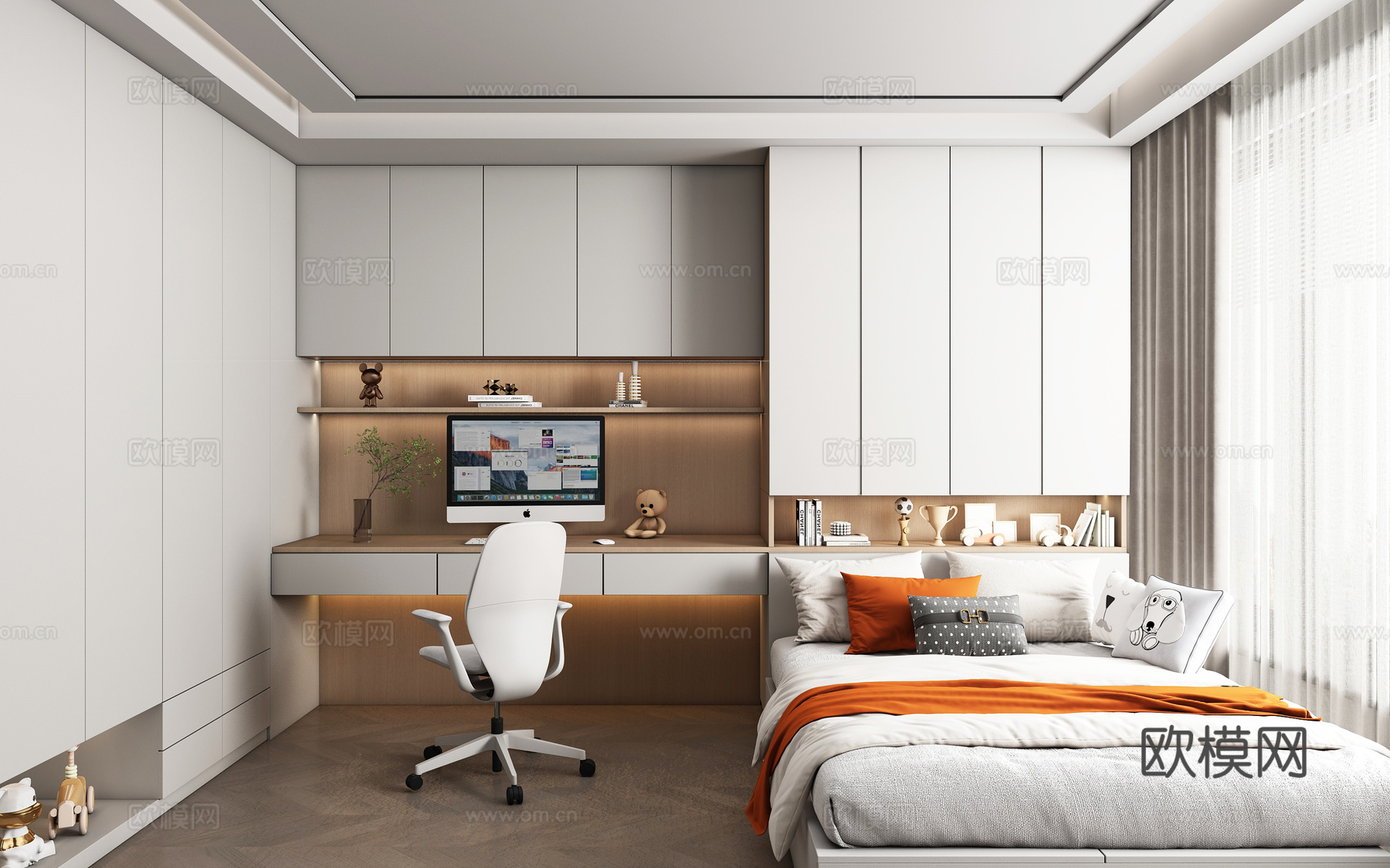 现代榻榻米卧室 儿童卧室 衣柜书柜 儿童床su模型