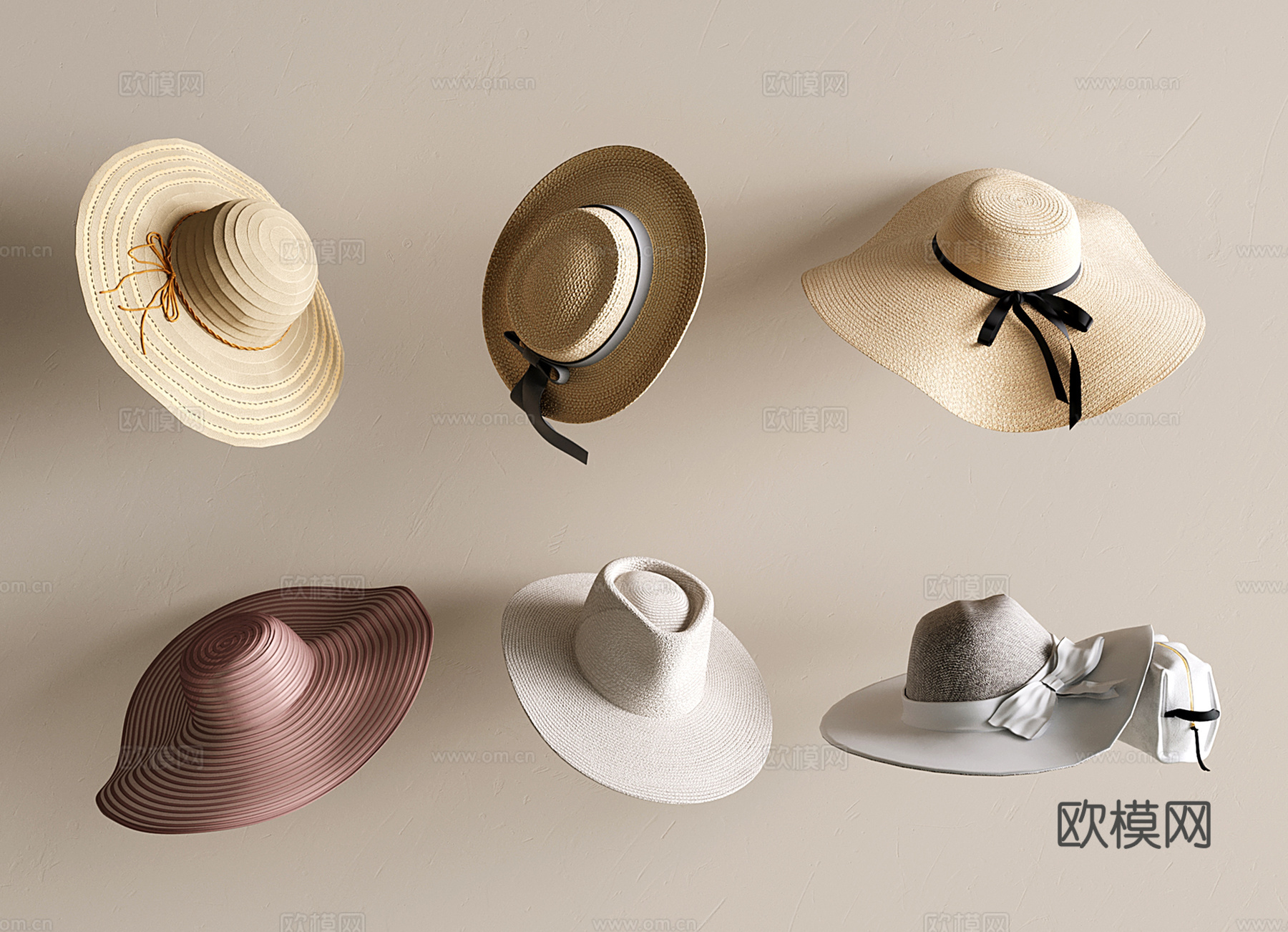 现代帽子组合 蝴蝶结大帽 沙滩草帽 遮阳渔夫帽 女士大檐帽su模型下载（渲染图1）