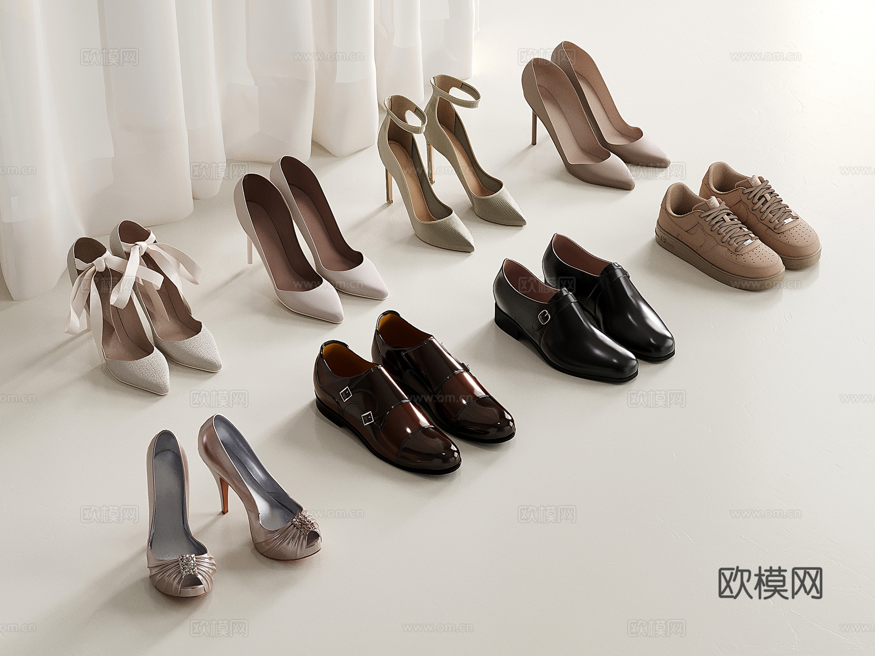 现代鞋子组合 女士高跟鞋 男士皮鞋 休闲鞋su模型下载（渲染图1）