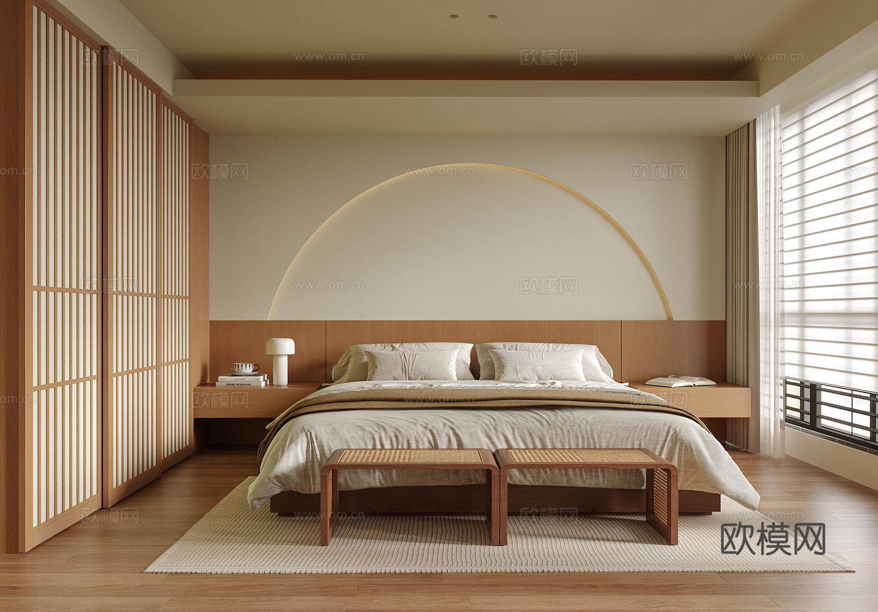 现代卧室 双人床 床尾凳su模型下载（渲染图1）