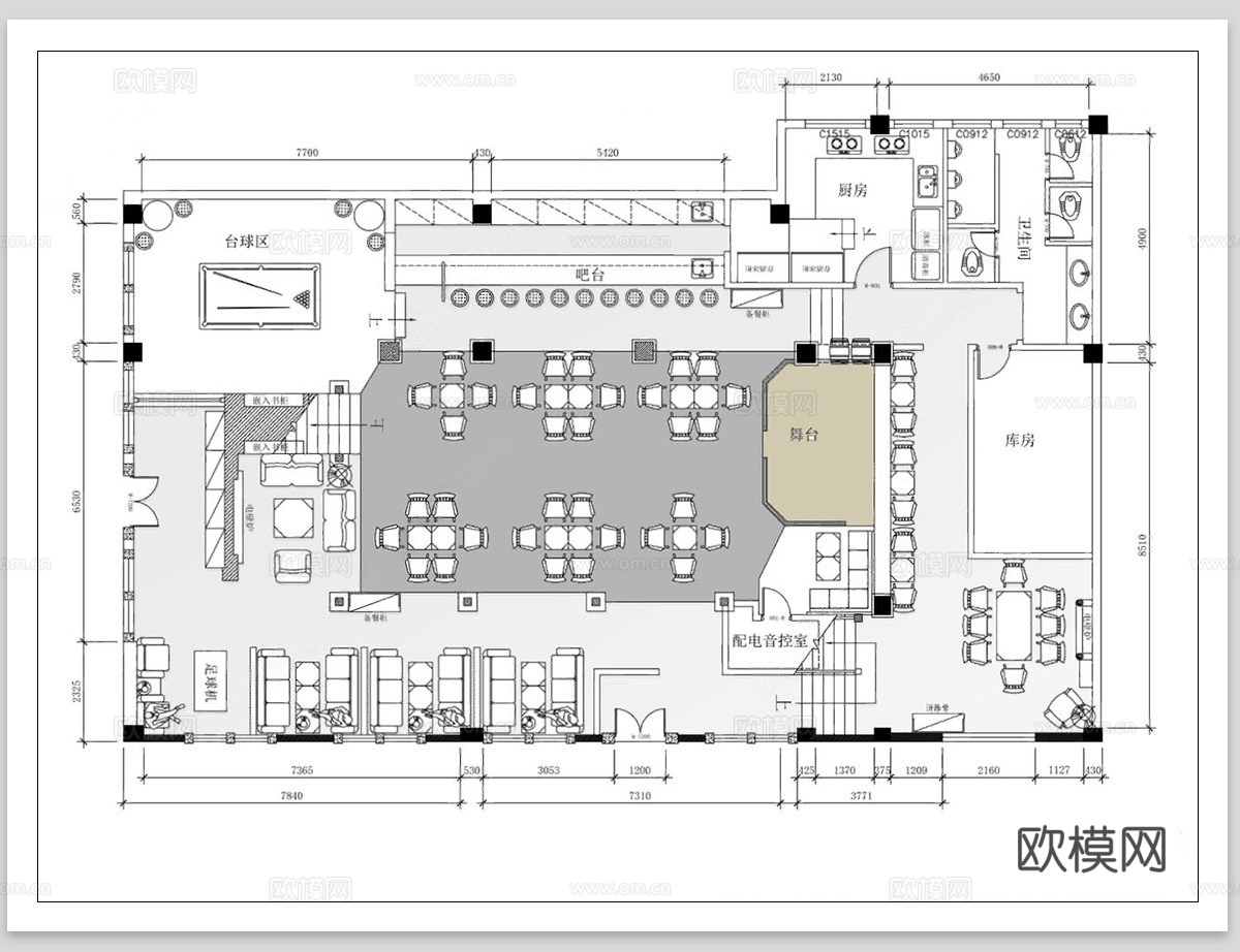 清吧酒馆 CAD平面布置图  音乐餐厅 小酒吧 酒吧餐厅cad施工图下载（渲染图1）