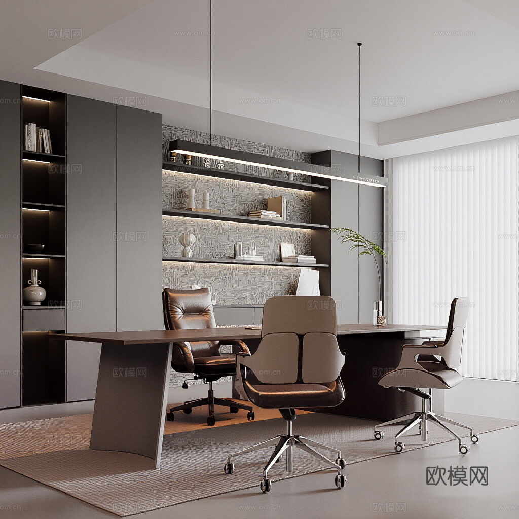 现代意式经理办公室 意式办公桌椅 老板椅 办公椅 意式书柜3d模型下载