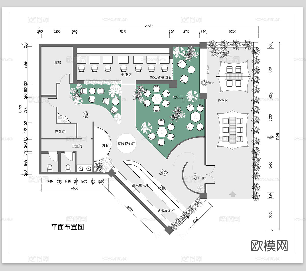 清吧酒馆CAD平面布置图  音乐餐厅 小酒吧cad施工图下载（渲染图1）