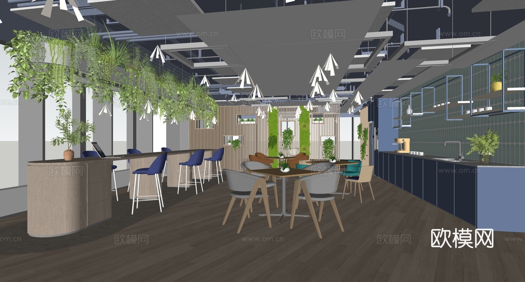 现代茶水间 茶水休闲区 茶水间 植物吧台su模型下载（渲染图2）