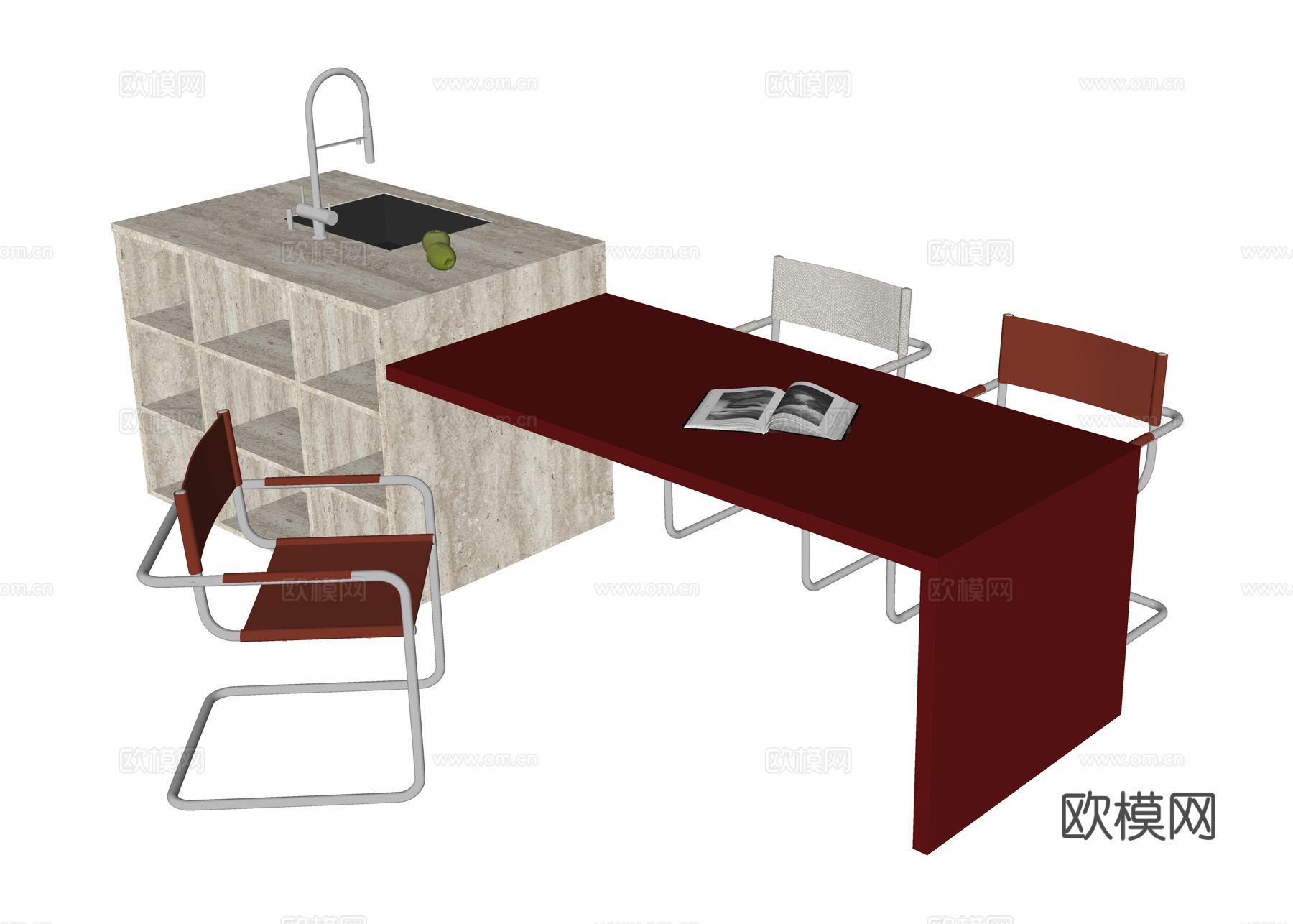 现代岛台餐桌椅 餐椅 餐桌su模型下载（渲染图2）