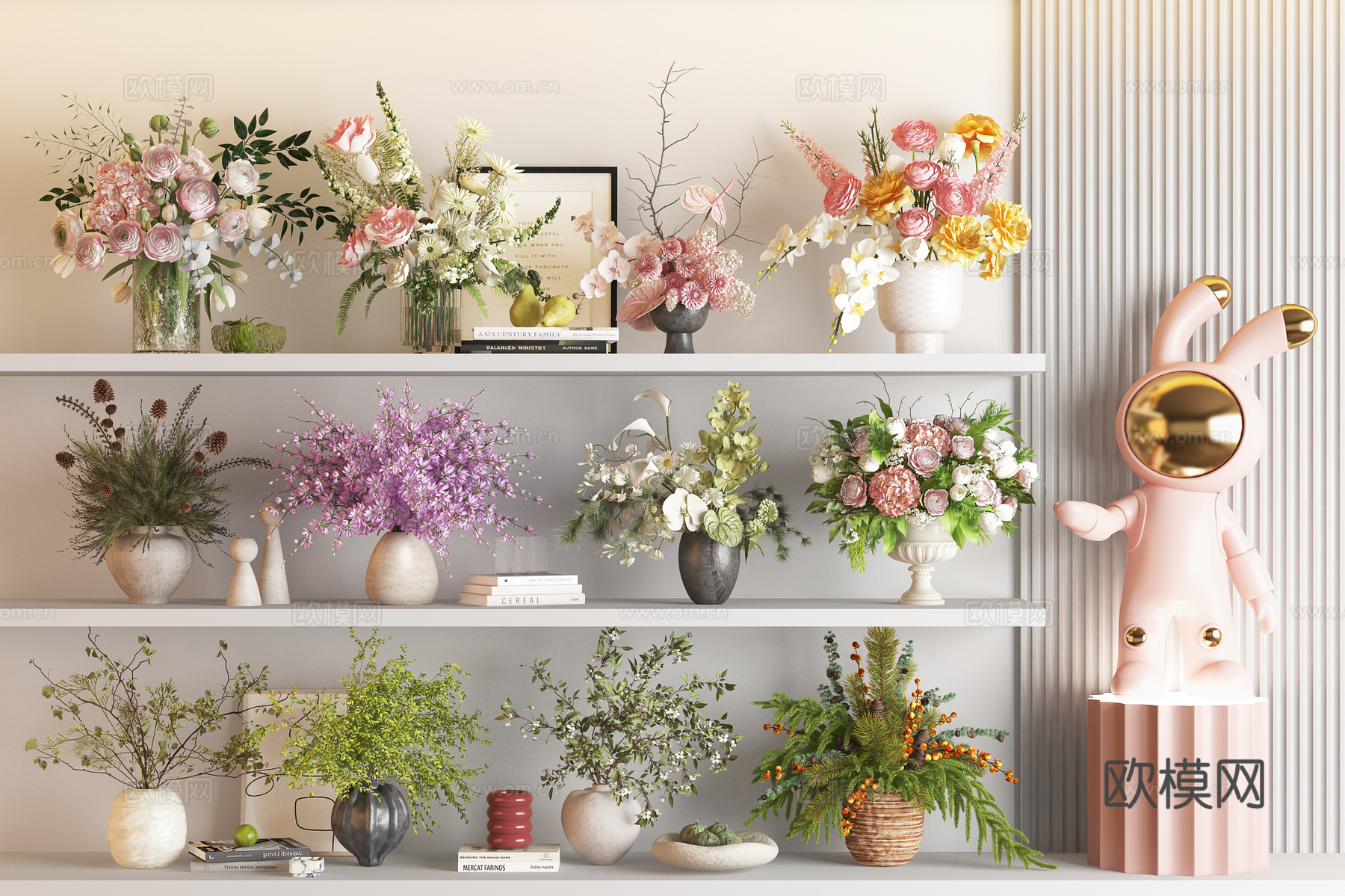 现代花瓶花卉组合 装饰摆件 书 挂画 水生植物 花瓶摆件 水su模型下载（渲染图1）