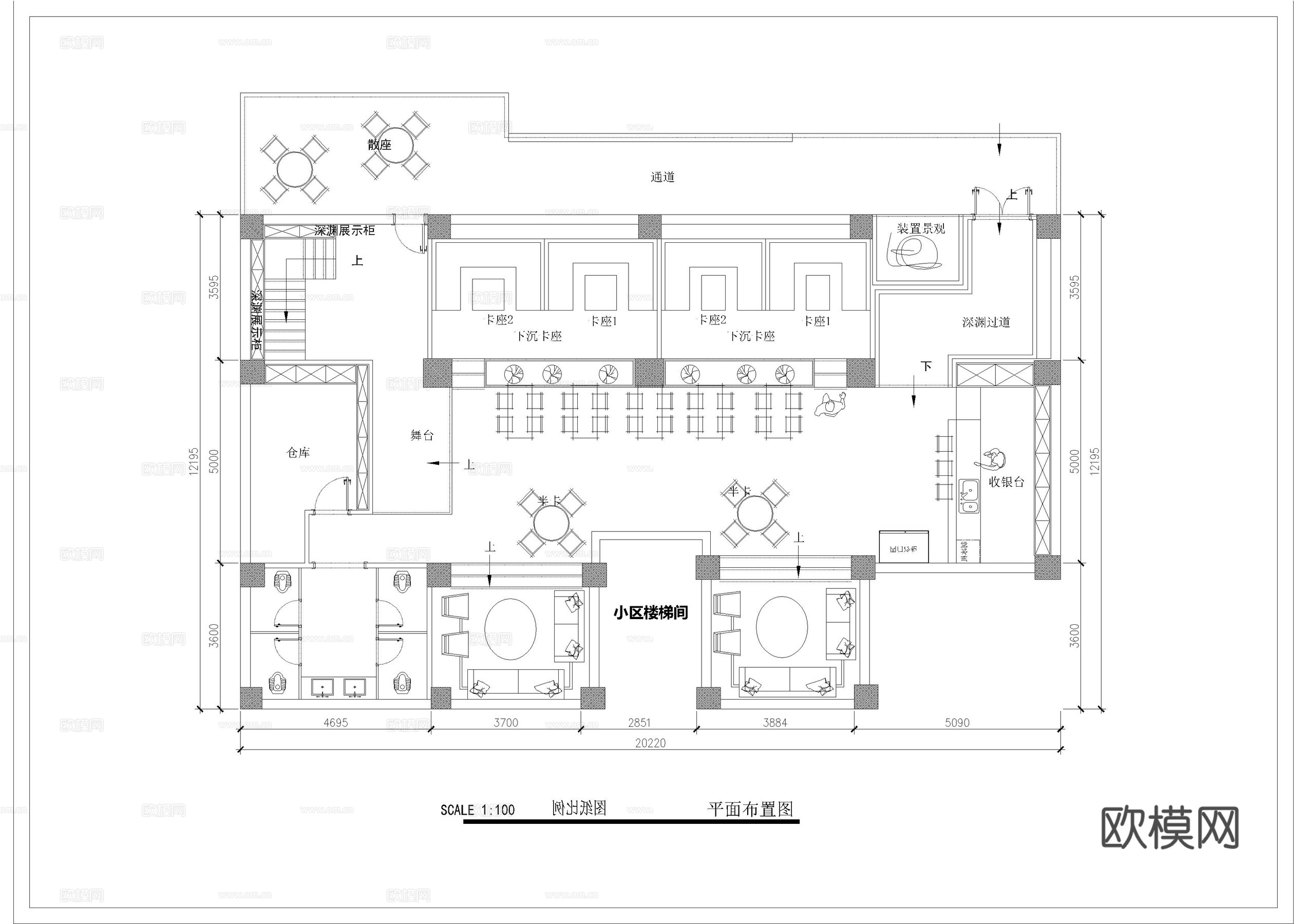 清吧酒馆 CAD平面布置图  音乐餐厅 小酒吧 酒吧餐厅cad施工图下载（渲染图2）