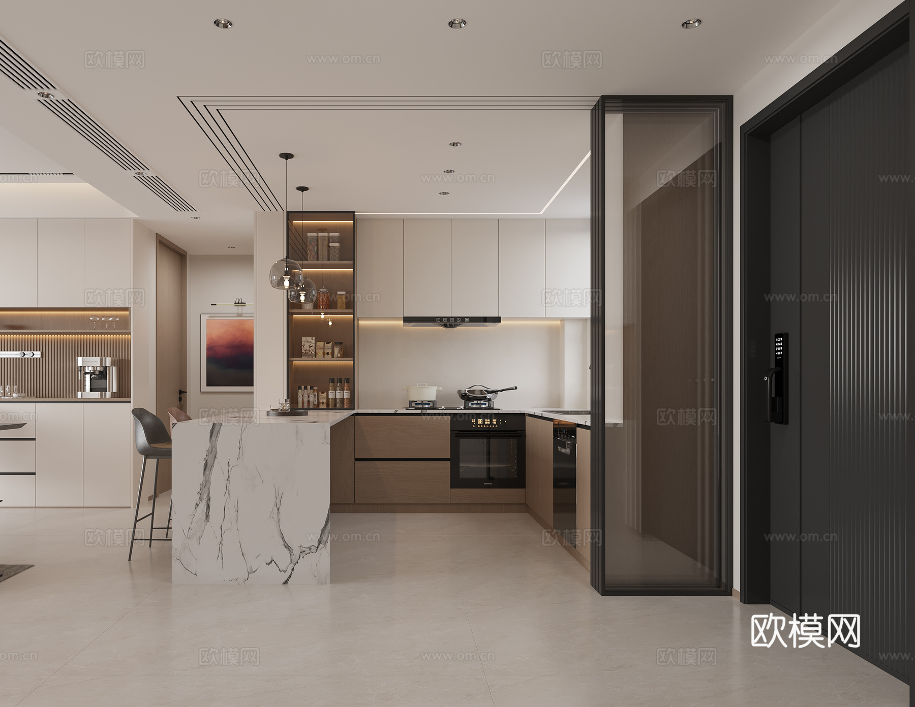 意式轻奢简约开放式厨房3d模型下载