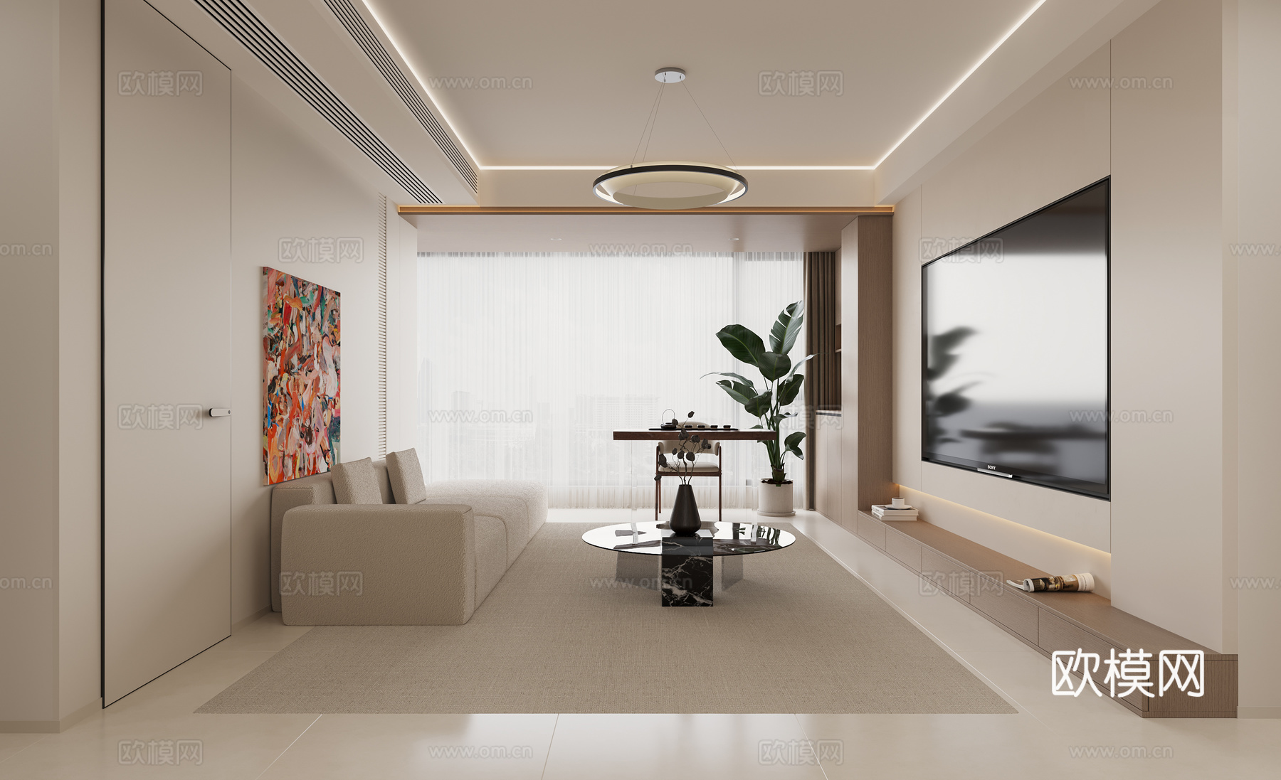 奶油风简约轻奢客餐厅3d模型下载（渲染图1）