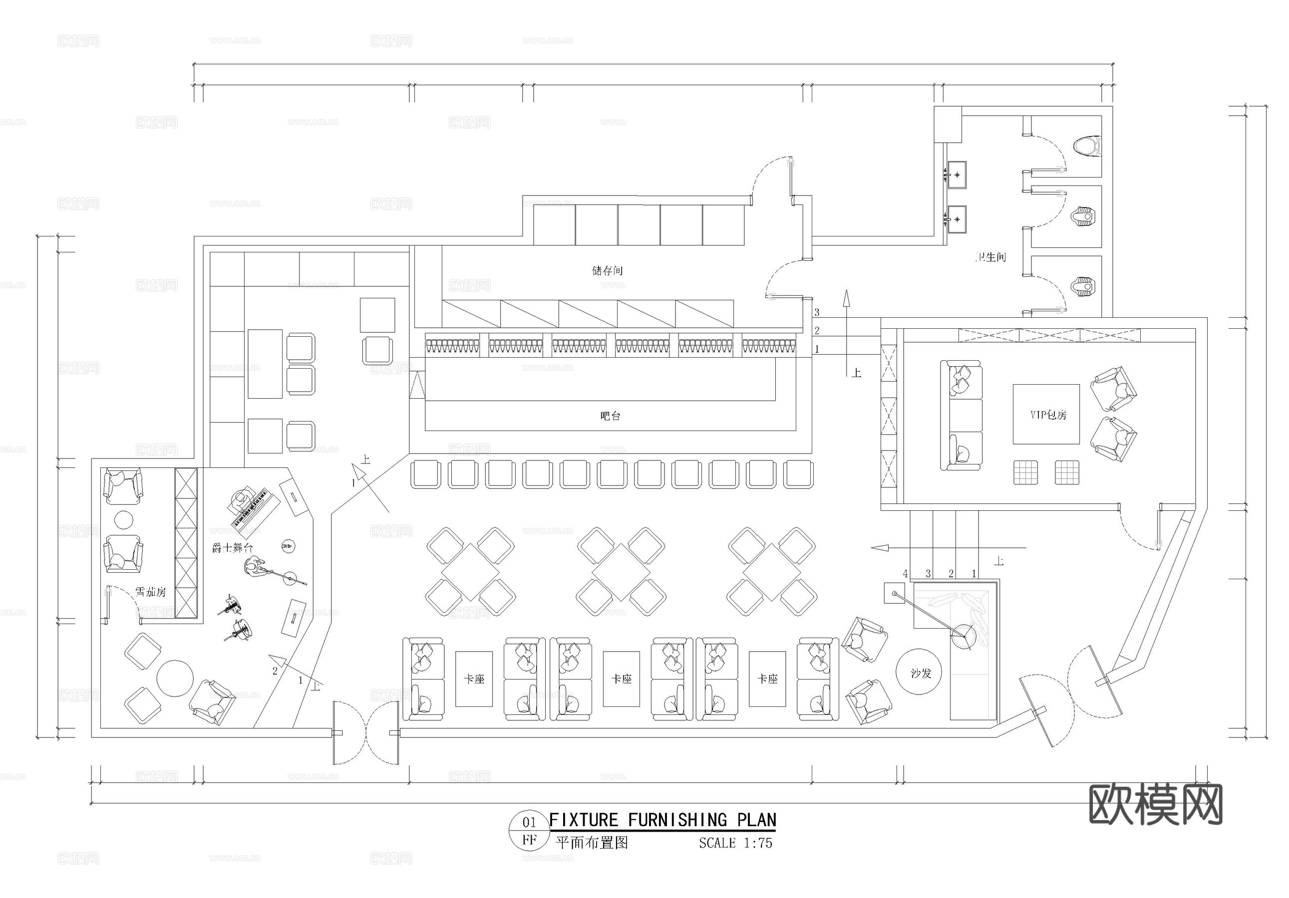 清吧酒馆 CAD平面布置图  音乐餐厅 小酒吧 酒吧餐厅cad施工图