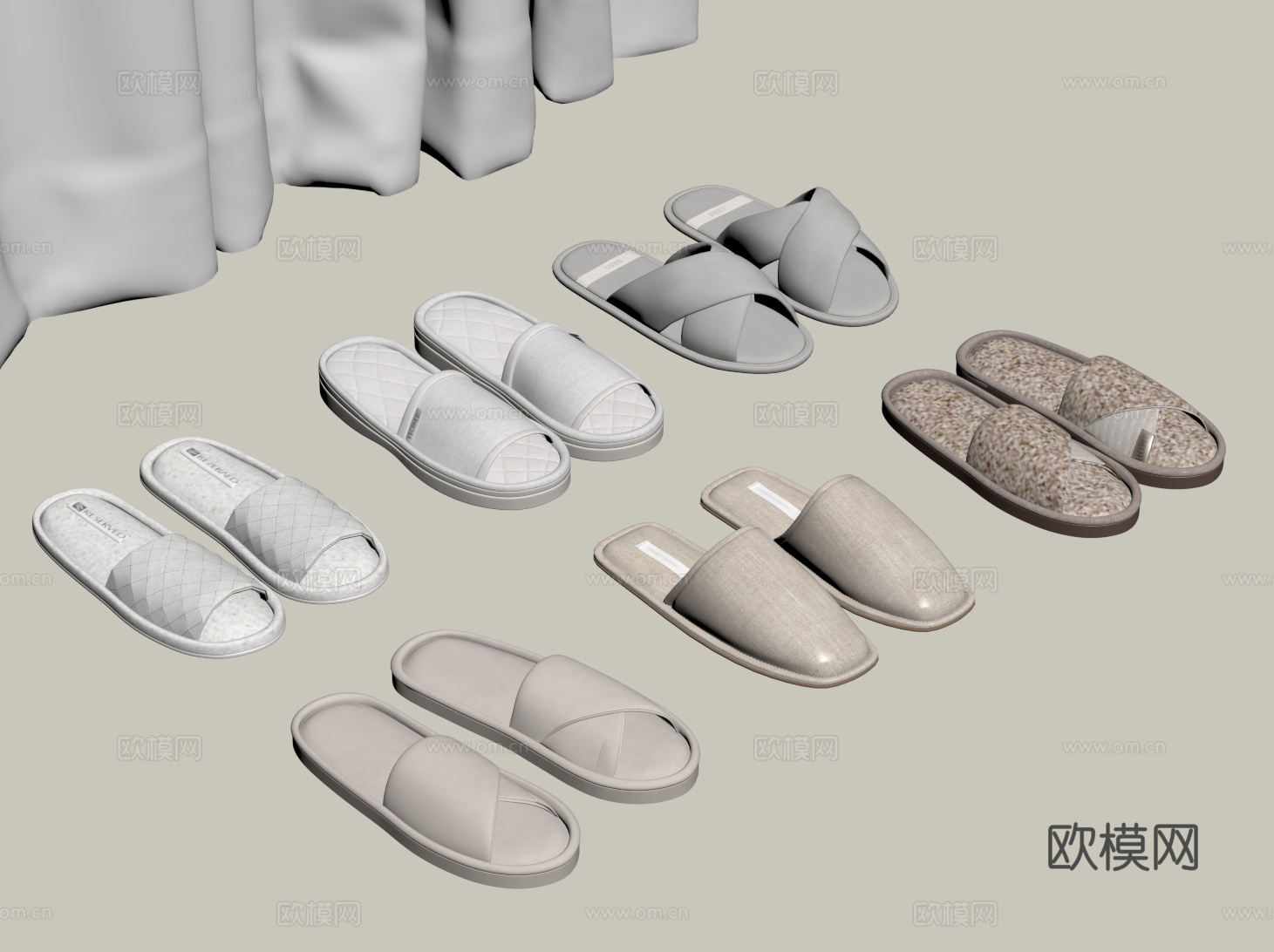 现代鞋子组合 拖鞋 棉麻拖鞋 布艺拖鞋 宾馆拖鞋su模型su模型下载（渲染图2）
