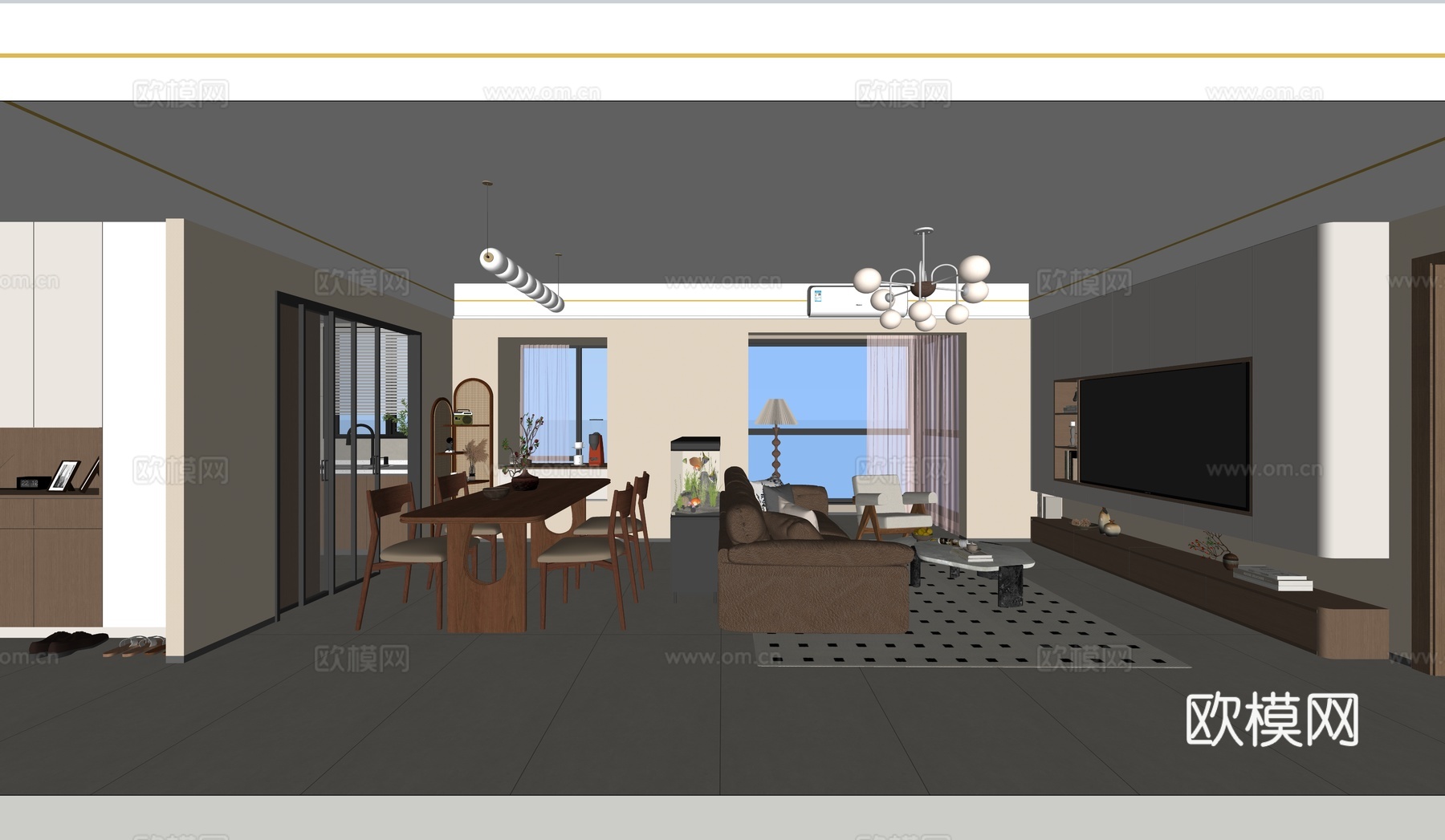 中古风 老钱风  复古风  美式  现代客餐厅  厨房su模型