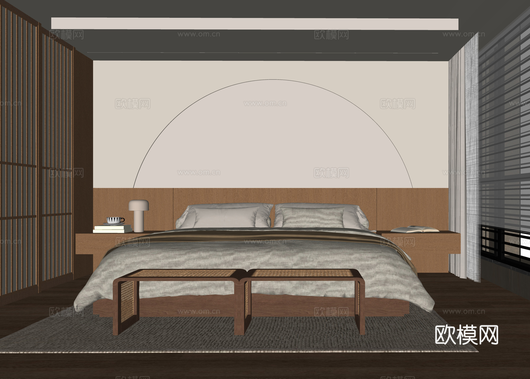 现代卧室 双人床 床尾凳su模型下载（渲染图2）