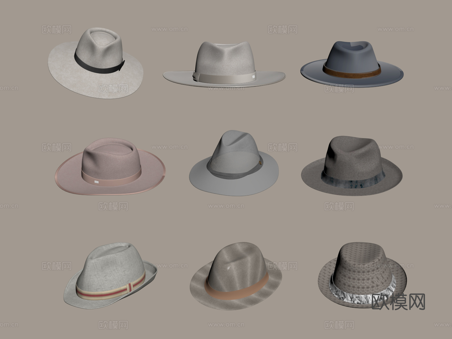 现代帽子组合 大檐帽 遮阳帽 爵士帽 男士礼帽su模型下载（渲染图2）