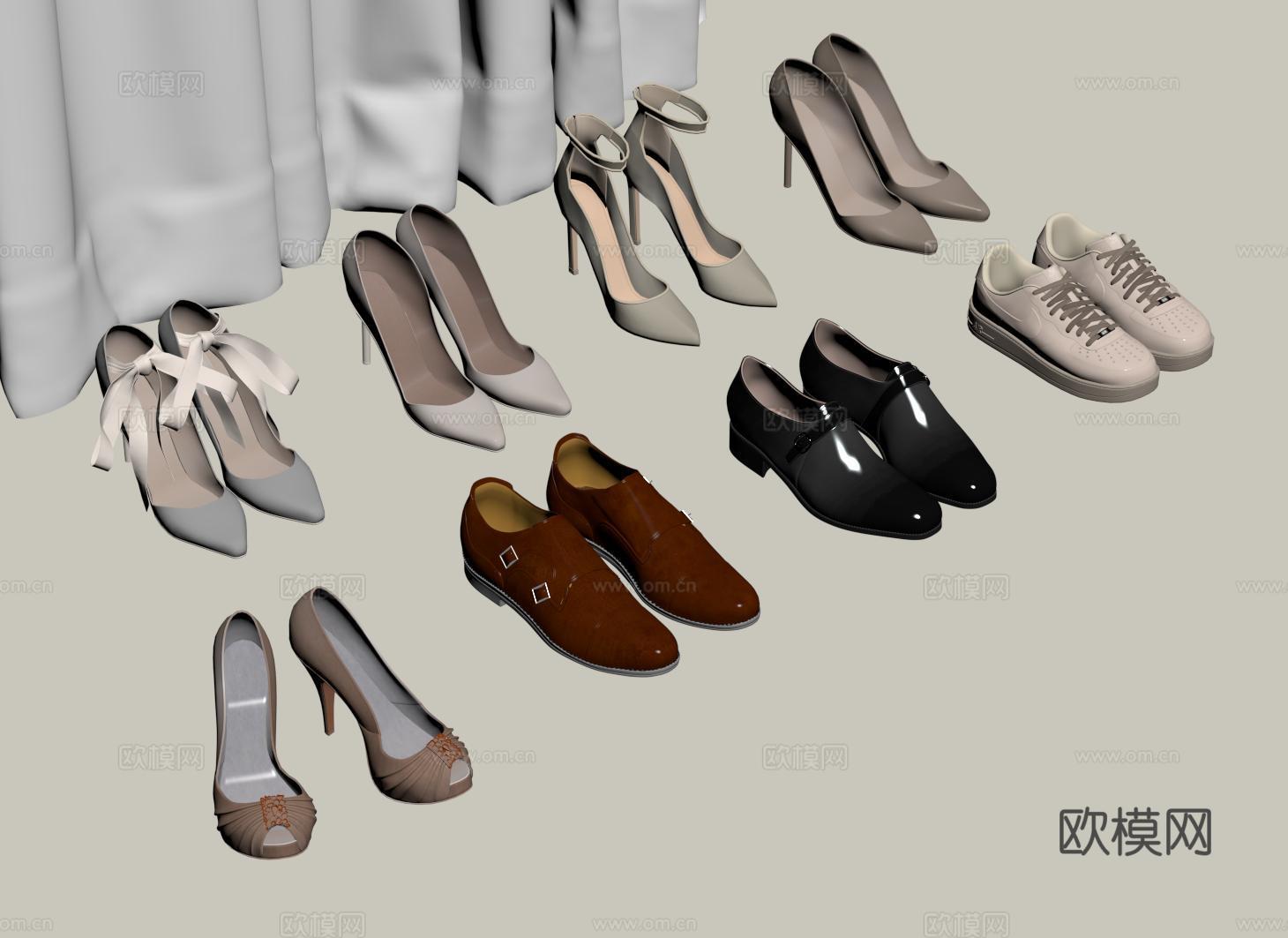 现代鞋子组合 女士高跟鞋 男士皮鞋 休闲鞋su模型下载（渲染图2）