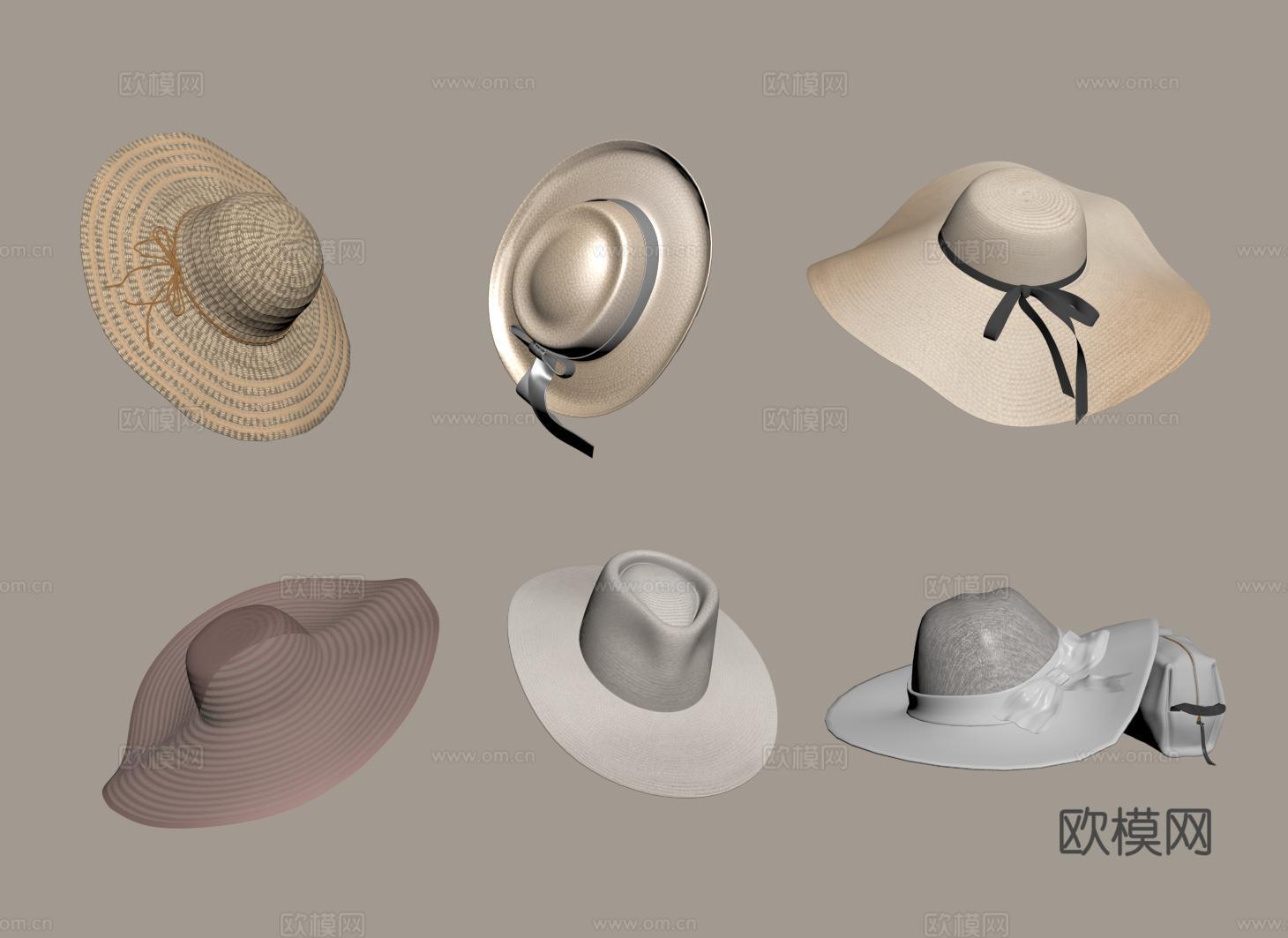 现代帽子组合 蝴蝶结大帽 沙滩草帽 遮阳渔夫帽 女士大檐帽su模型下载（渲染图2）